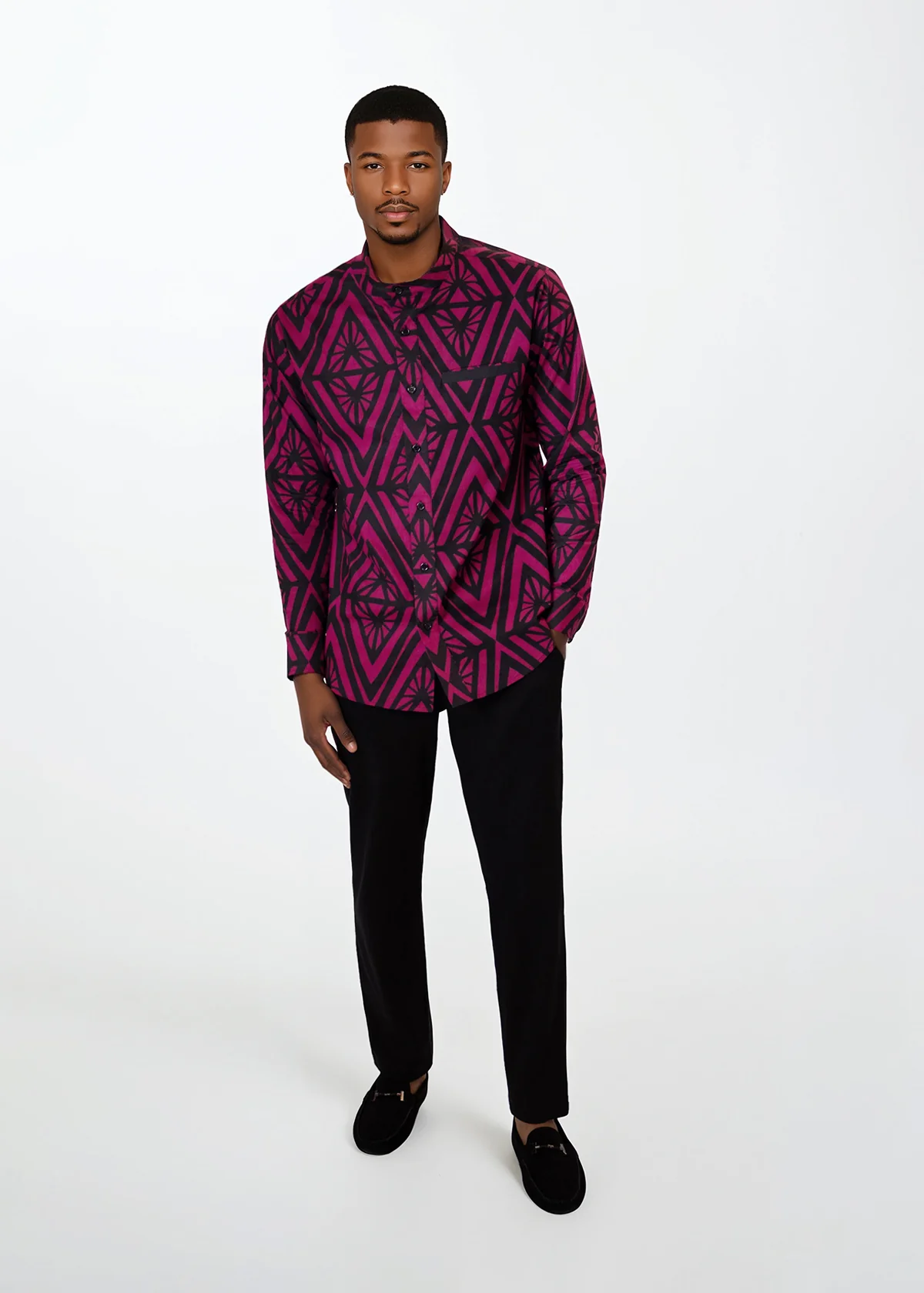 Jamal Mens African Print Mandarin Shirt (Plum Diamonds) - Image 3
