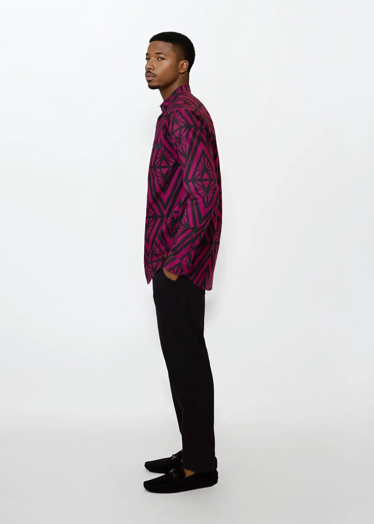Jamal Mens African Print Mandarin Shirt (Plum Diamonds) - Image 5