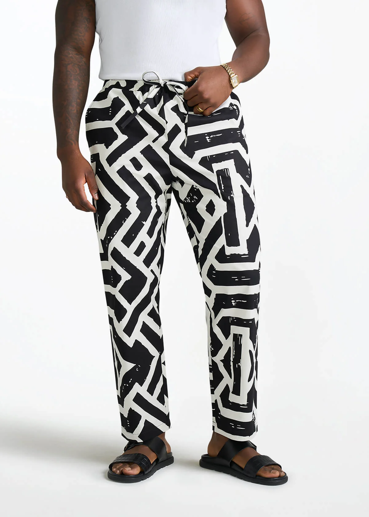 Kazi Men's African Print Stretch Pants (Onyx Cream Tribal)