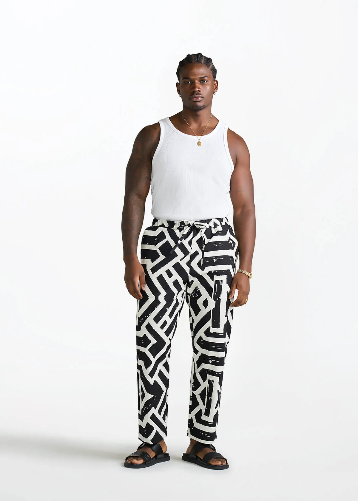 Kazi Men's African Print Stretch Pants (Onyx Cream Tribal) - Image 2