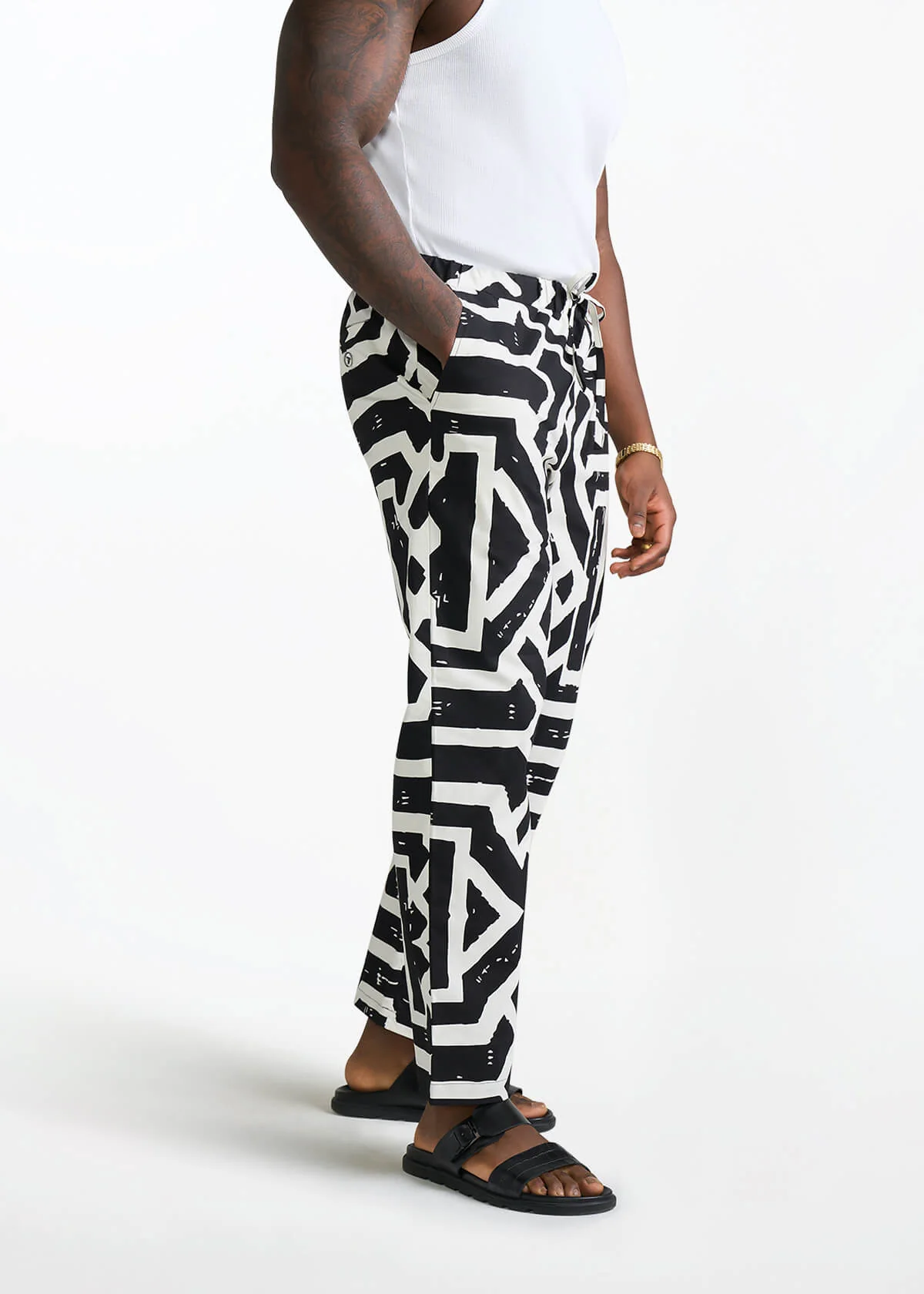 Kazi Men's African Print Stretch Pants (Onyx Cream Tribal) - Image 3
