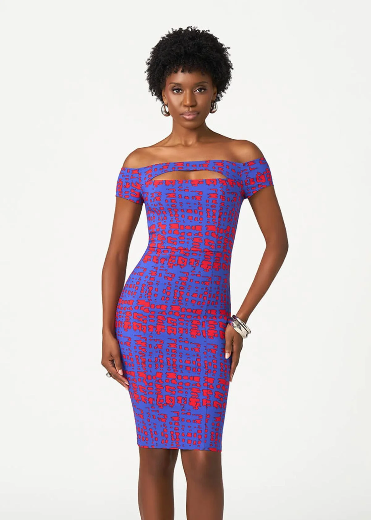 Keruba Women's African Print Fitted Dress (Red Blue Adire)