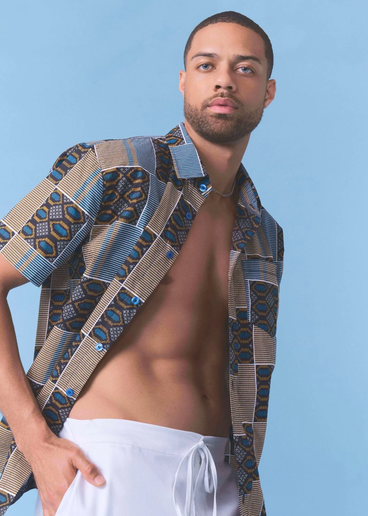 Keyon Men's African Print Button-up Shirt (Blue Tan Kente)