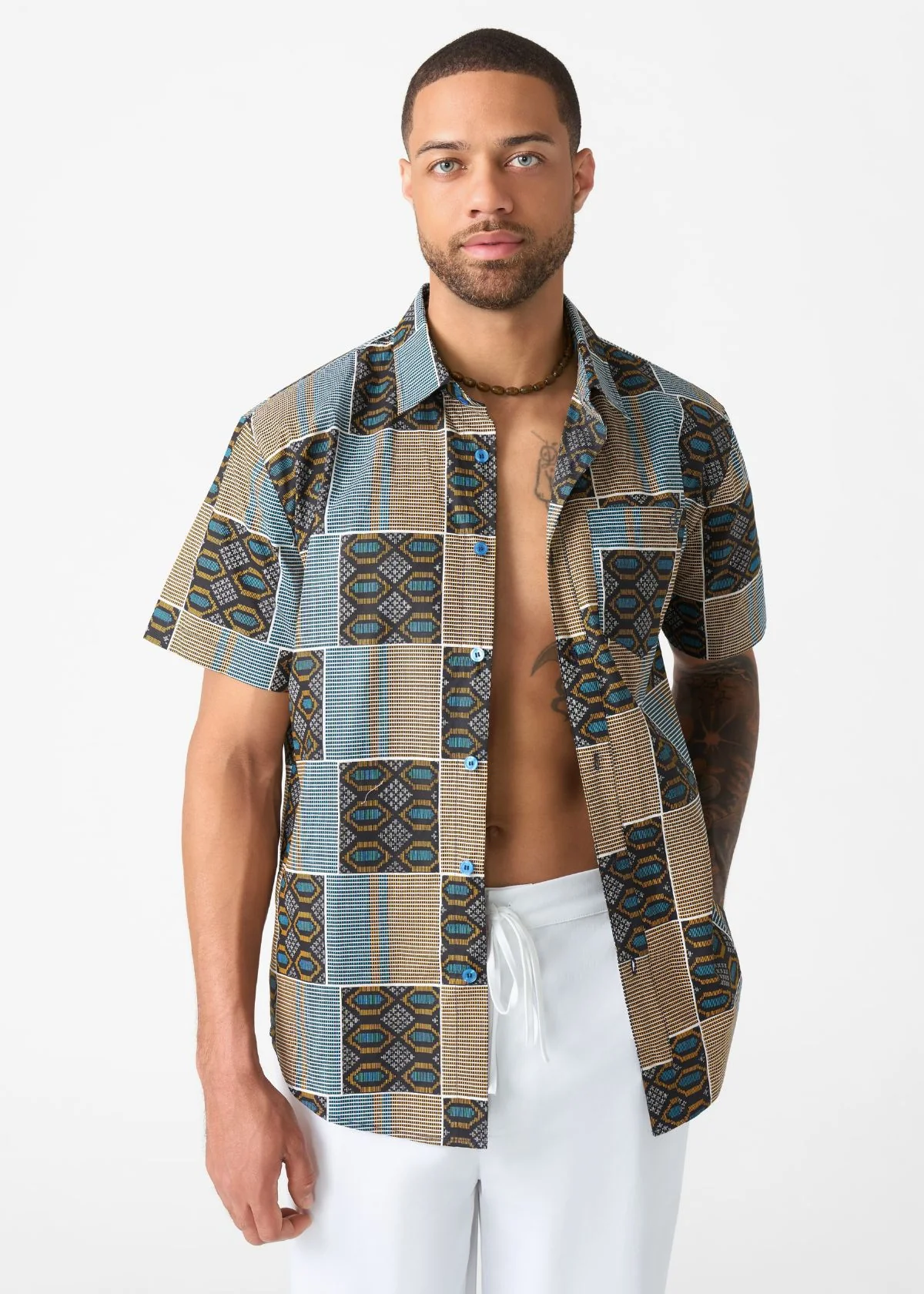 Keyon Men's African Print Button-up Shirt (Blue Tan Kente) - Image 2