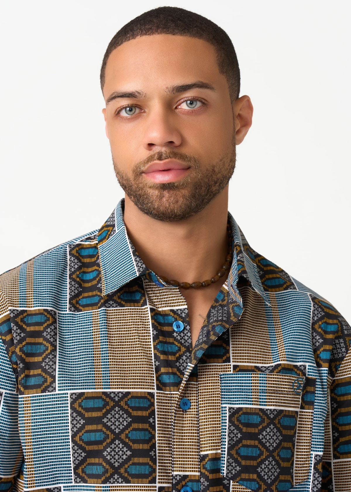 Keyon Men's African Print Button-up Shirt (Blue Tan Kente) - Image 4