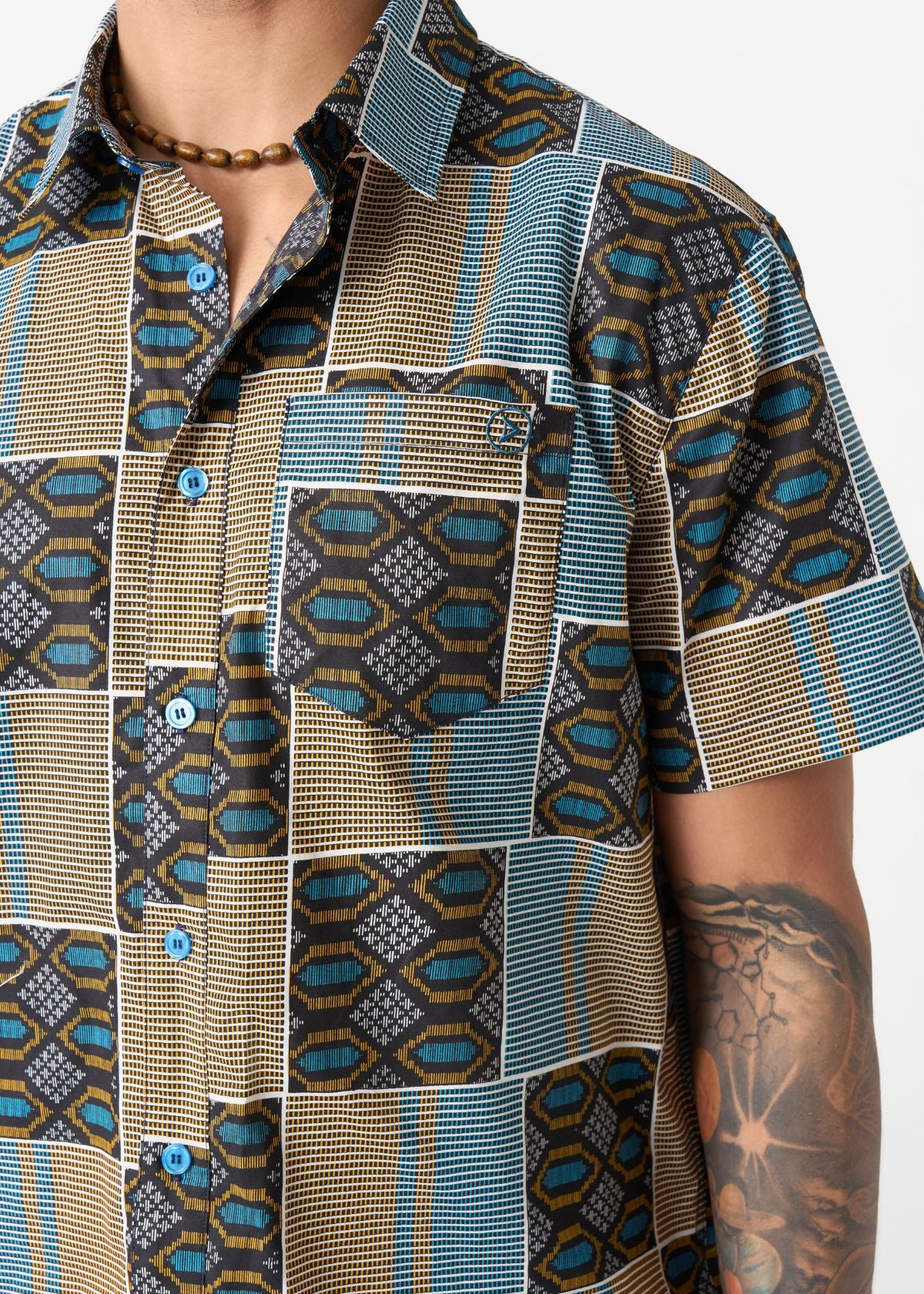 Keyon Men's African Print Button-up Shirt (Blue Tan Kente) - Image 5