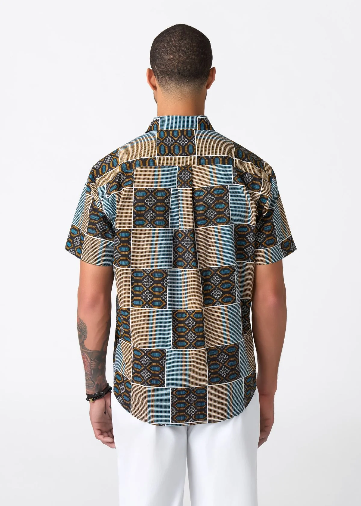 Keyon Men's African Print Button-up Shirt (Blue Tan Kente) - Image 6