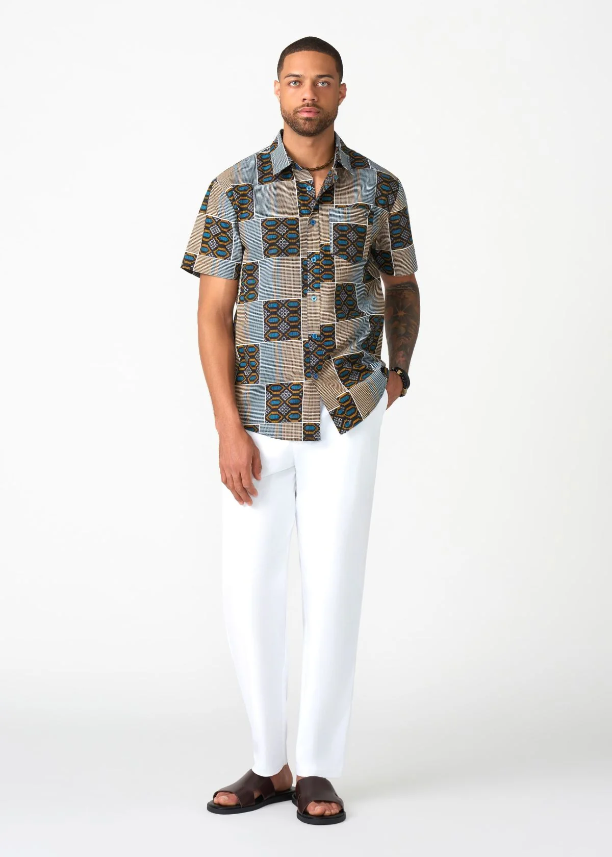 Keyon Men's African Print Button-up Shirt (Blue Tan Kente) - Image 7