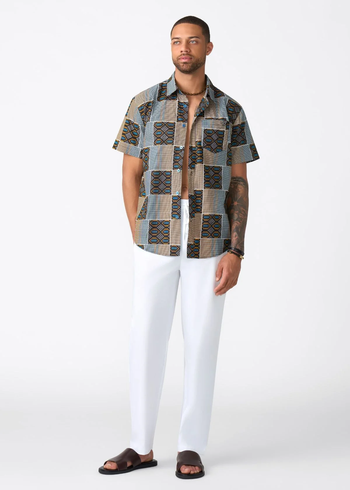 Keyon Men's African Print Button-up Shirt (Blue Tan Kente) - Image 8