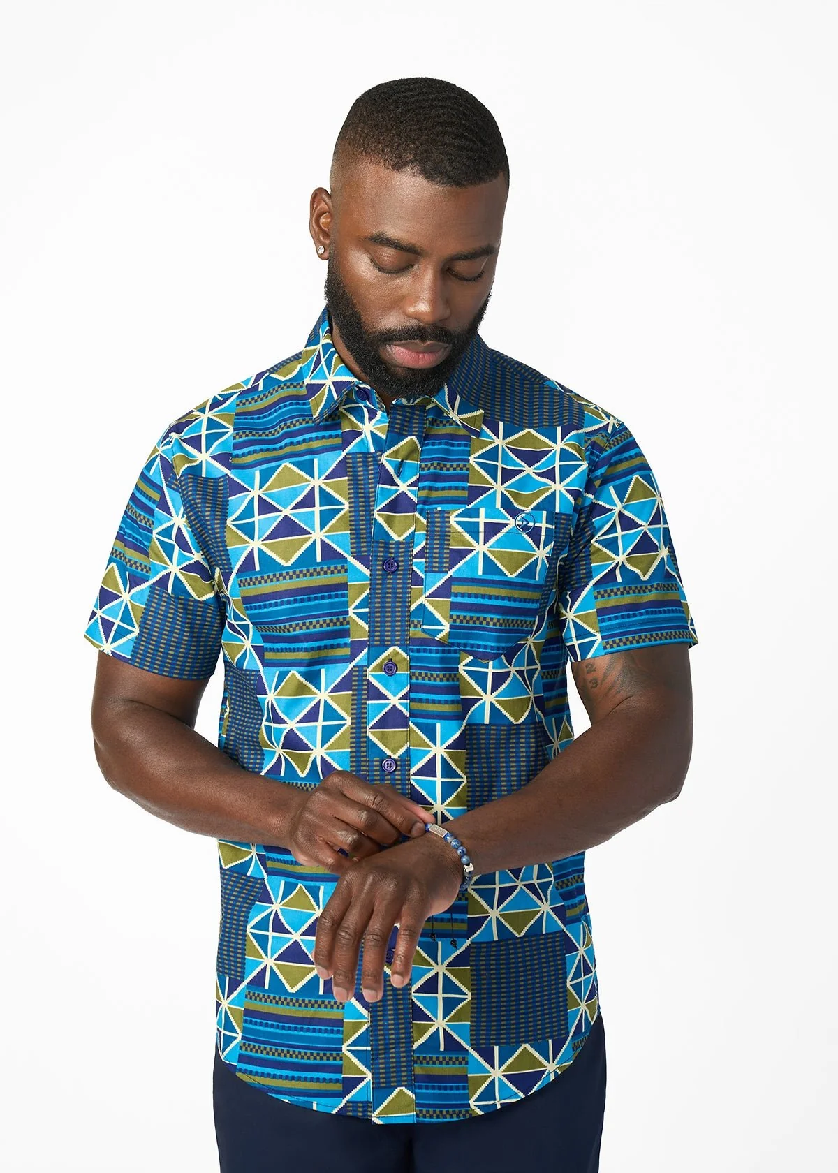 Keyon Men's African Print Button-up Shirt (Navy Olive Kente) - Image 2