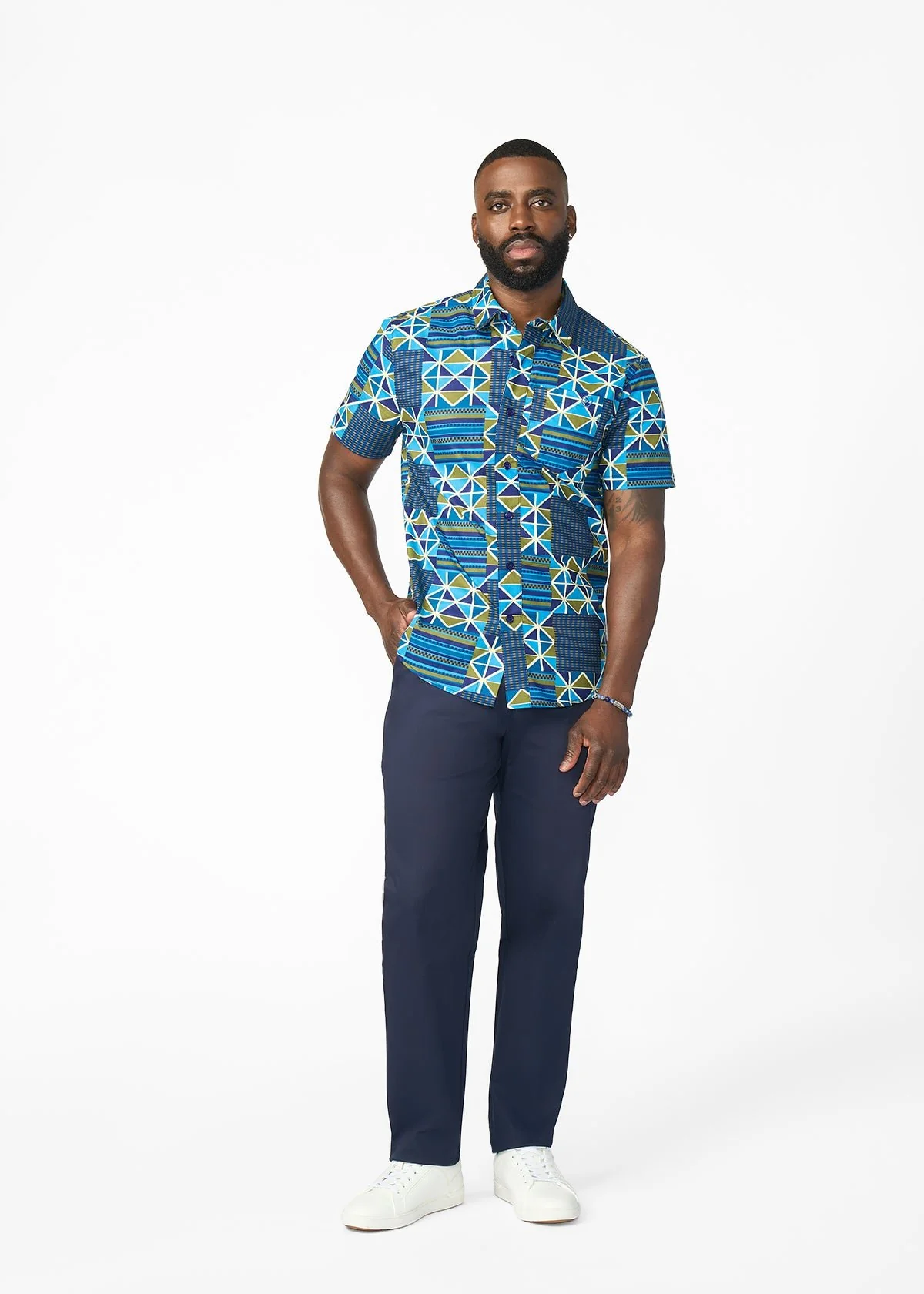 Keyon Men's African Print Button-up Shirt (Navy Olive Kente) - Image 3