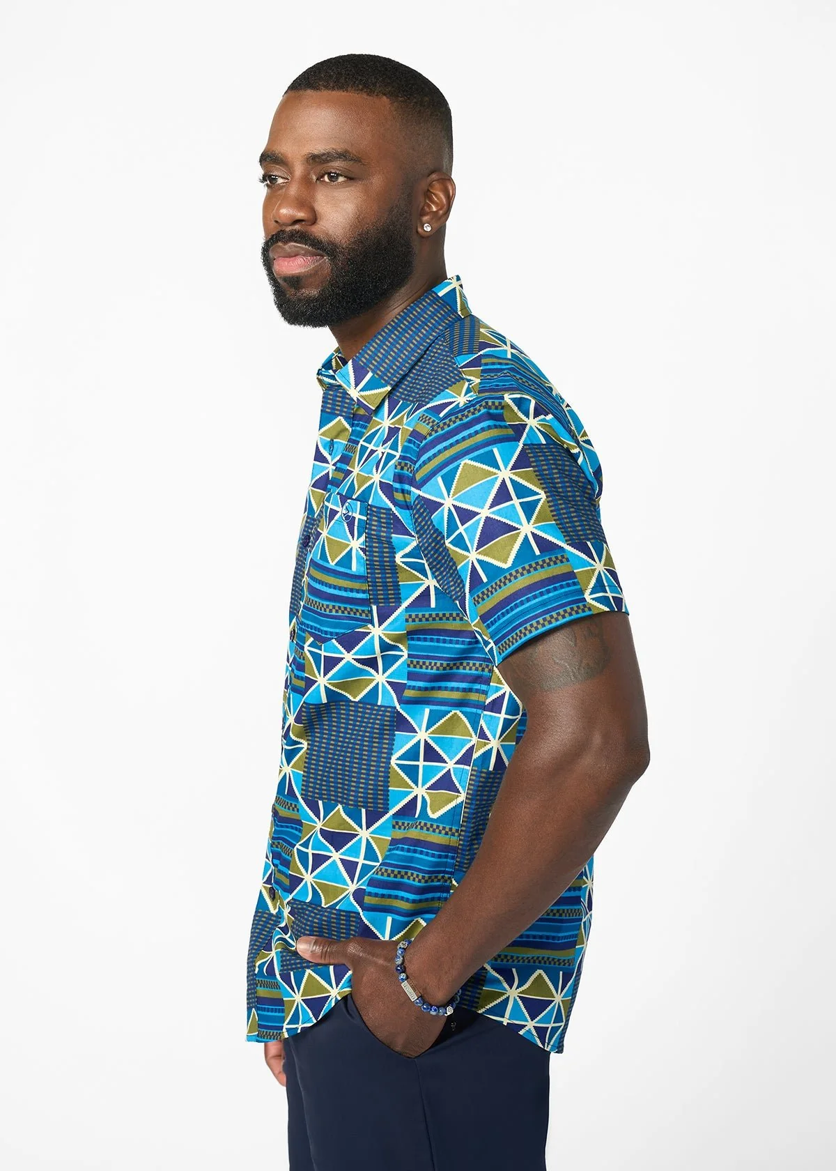 Keyon Men's African Print Button-up Shirt (Navy Olive Kente) - Image 4