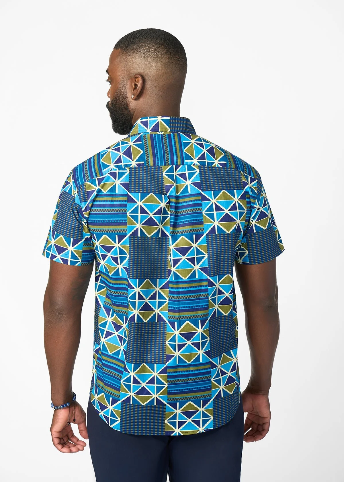Keyon Men's African Print Button-up Shirt (Navy Olive Kente) - Image 5