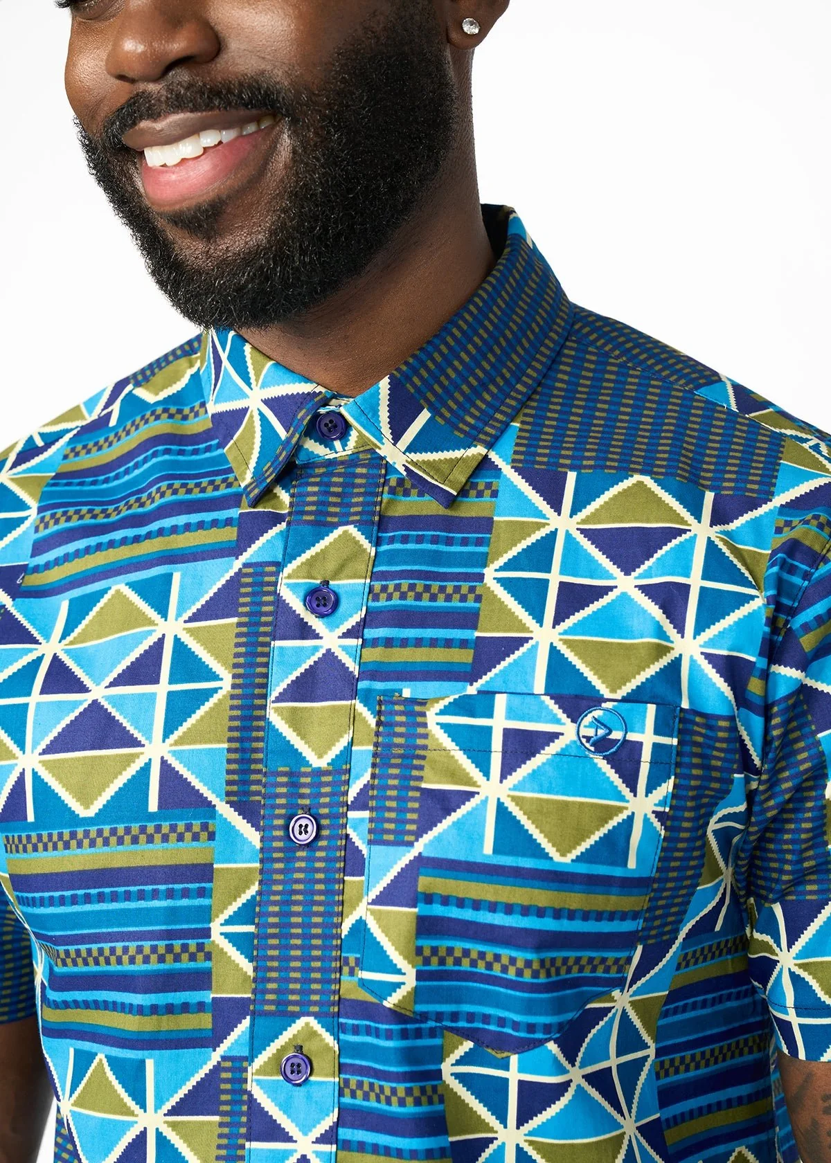 Keyon Men's African Print Button-up Shirt (Navy Olive Kente) - Image 6