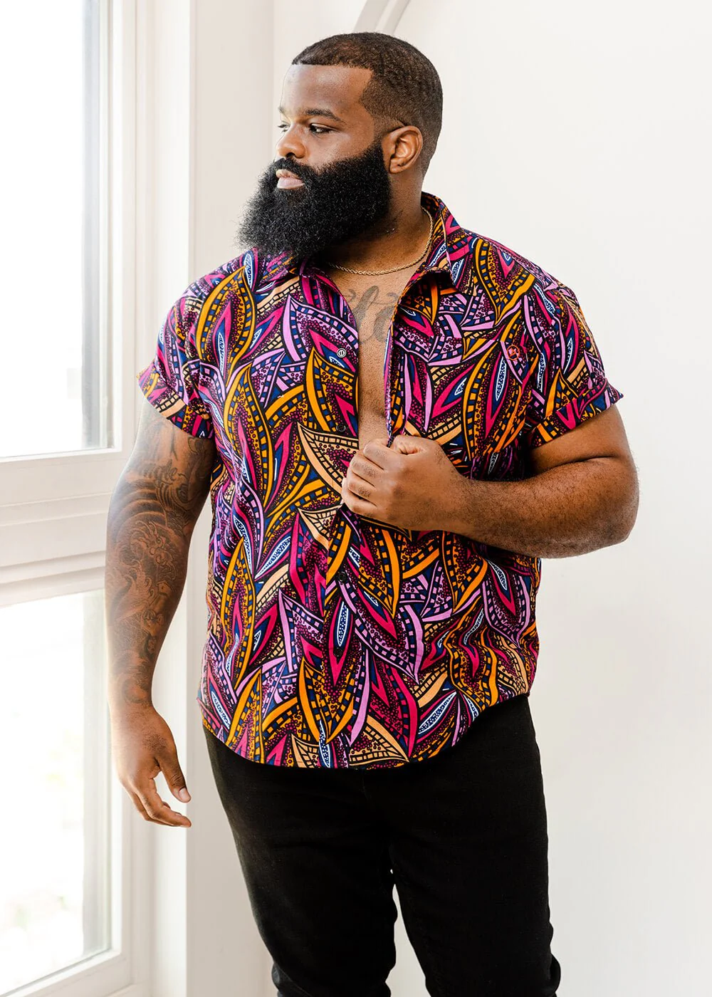 Keyon Men's African Print Button-Up Shirt (Sunset Leaves) - Image 3