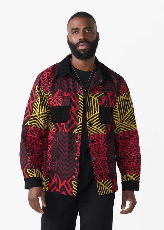 Khalid Men's African Print Twill Shirt Jacket (Black Cherry Multipattern) - Clearance