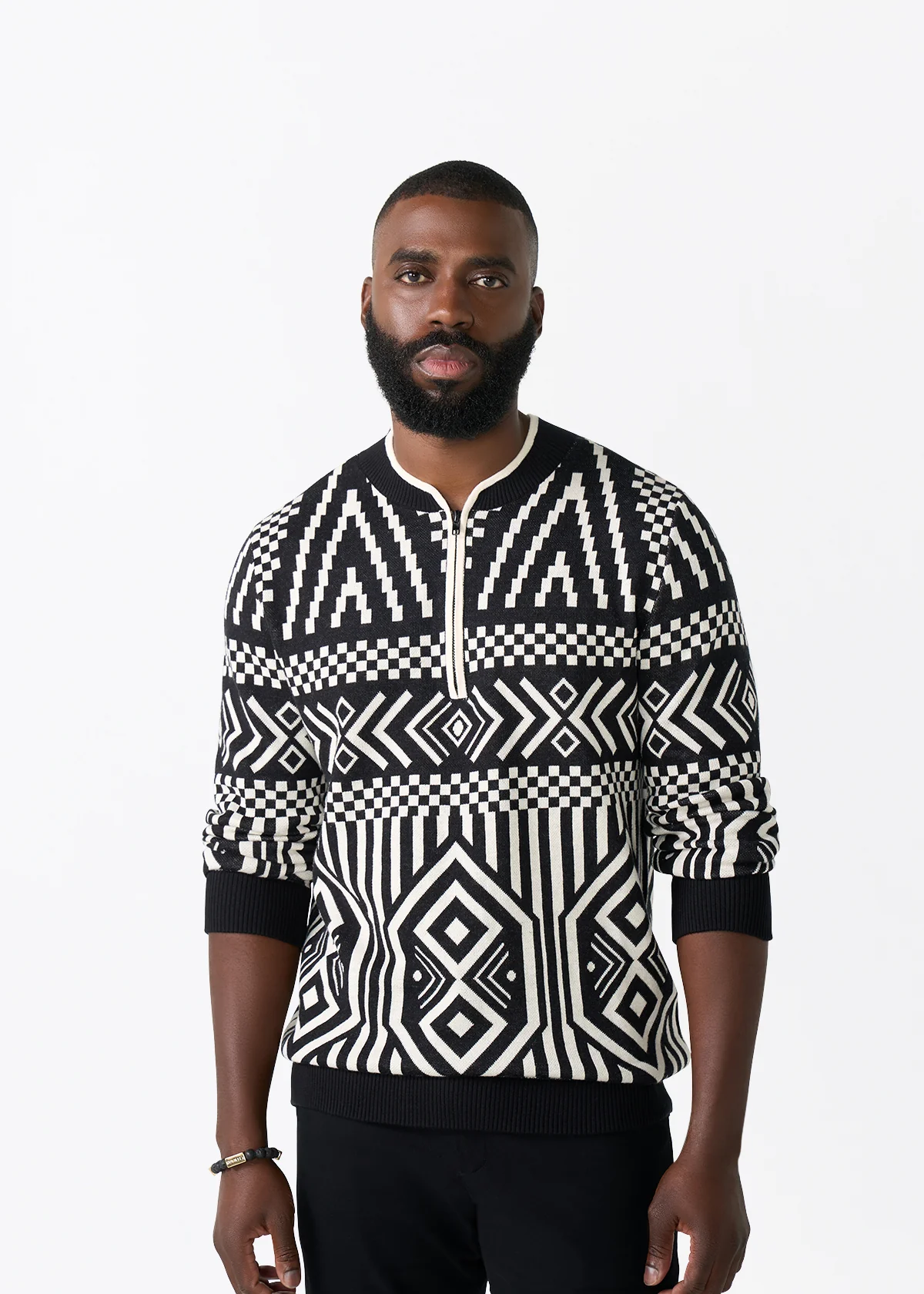 Kibo Men's African Print Quarter-Zip Sweater (Black Cream Tribal)
