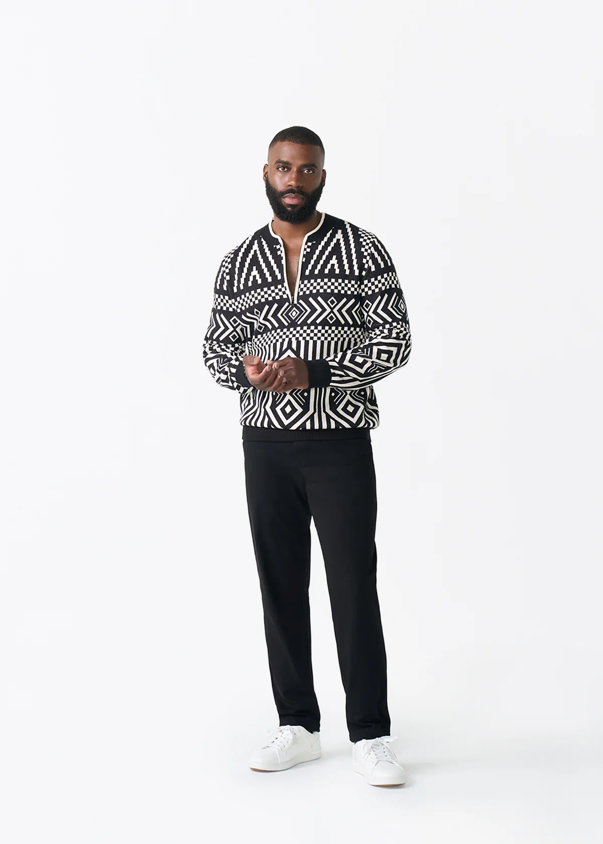 Kibo Men's African Print Quarter-Zip Sweater (Black Cream Tribal) - Image 2