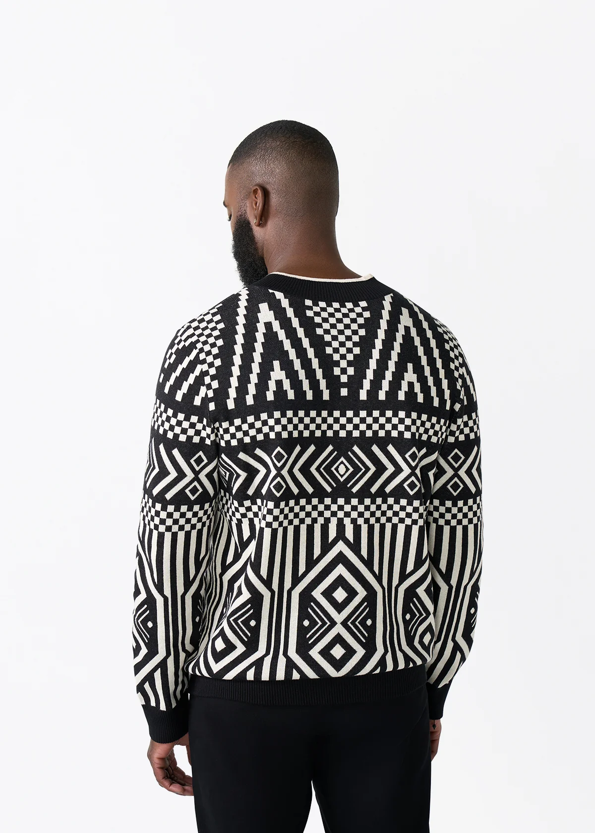 Kibo Men's African Print Quarter-Zip Sweater (Black Cream Tribal) - Image 3
