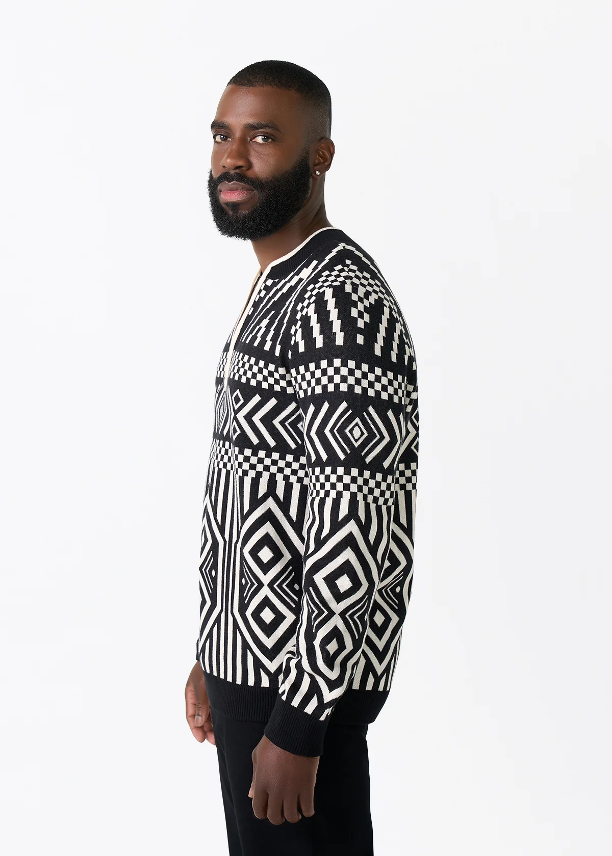 Kibo Men's African Print Quarter-Zip Sweater (Black Cream Tribal) - Image 5