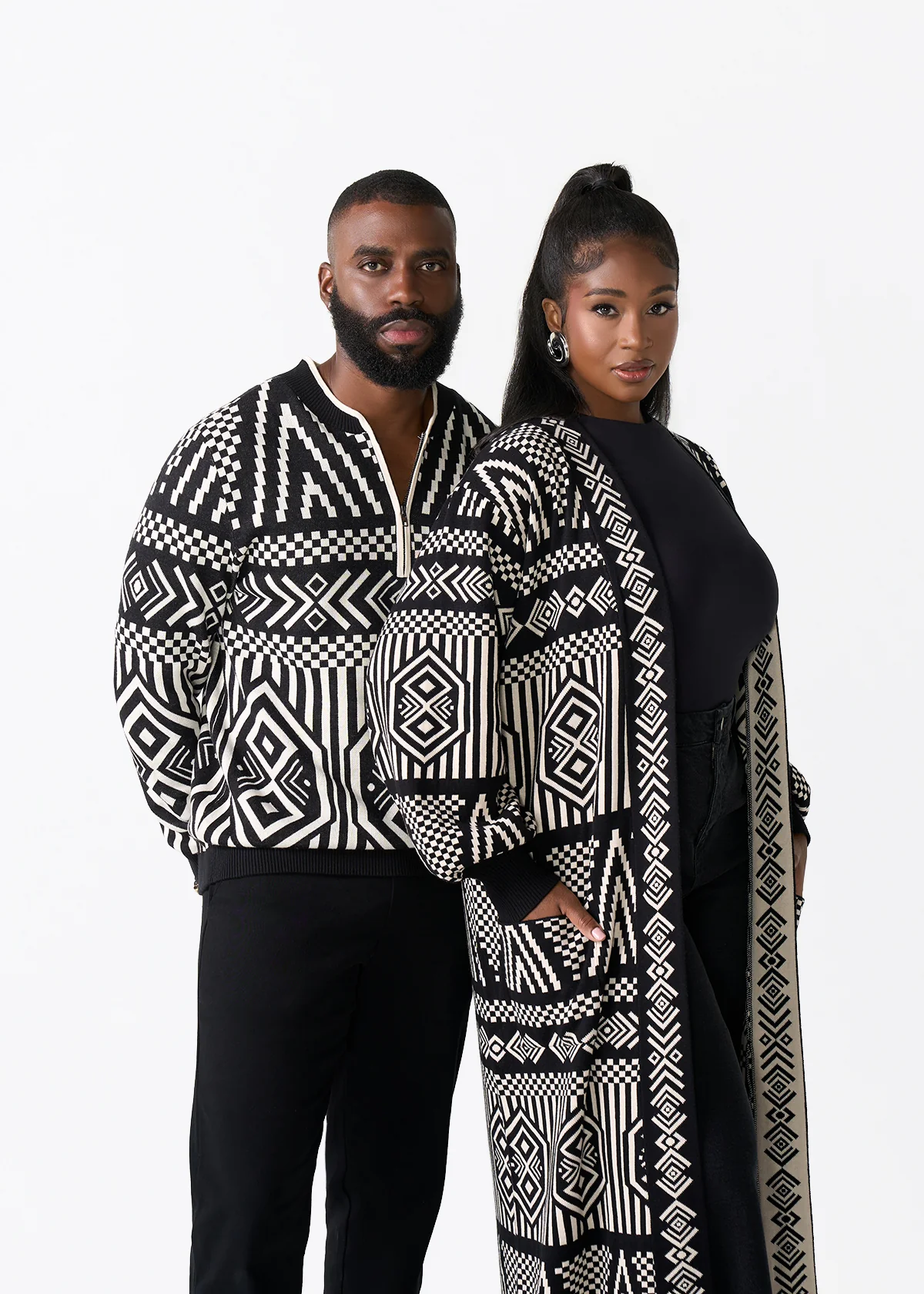 Kibo Men's African Print Quarter-Zip Sweater (Black Cream Tribal) - Image 6