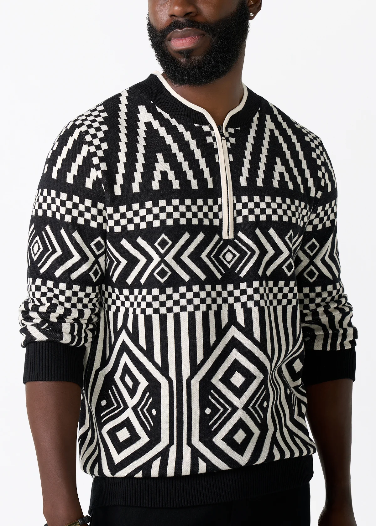 Kibo Men's African Print Quarter-Zip Sweater (Black Cream Tribal) - Image 7