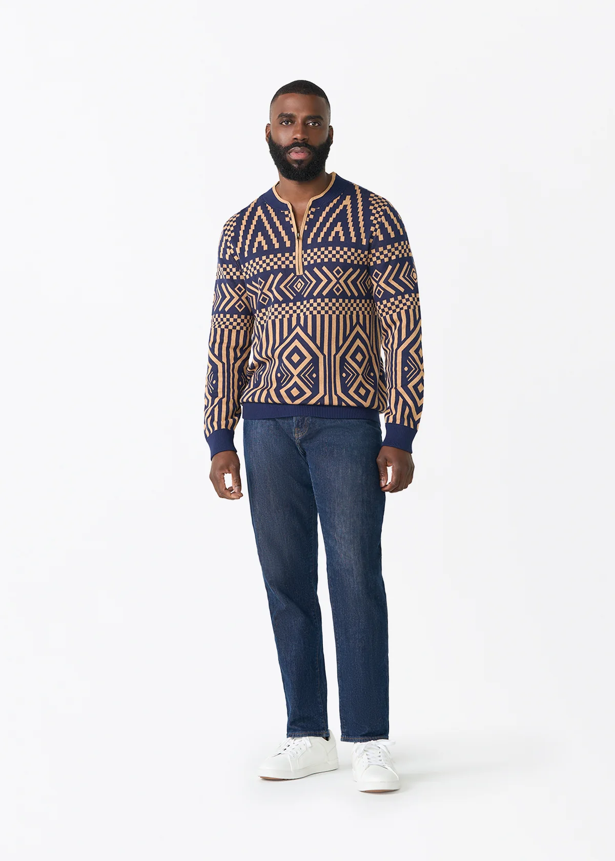 Kibo Men's African Print Quarter-Zip Sweater (Navy Tan Tribal) - Image 3