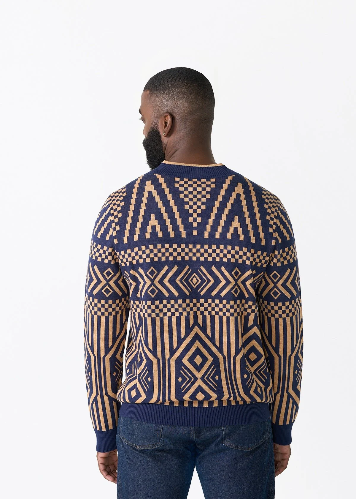 Kibo Men's African Print Quarter-Zip Sweater (Navy Tan Tribal) - Image 4