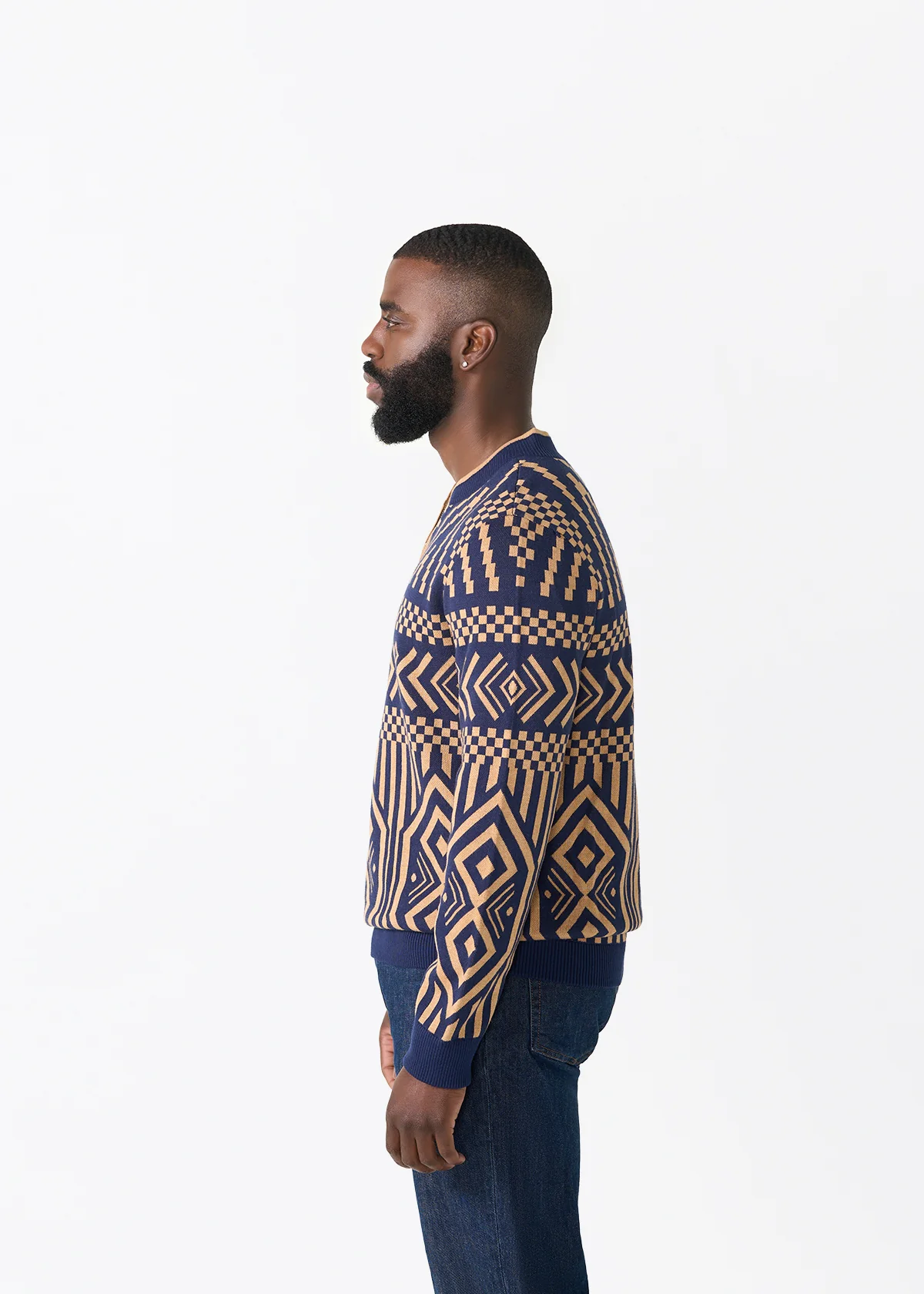 Kibo Men's African Print Quarter-Zip Sweater (Navy Tan Tribal) - Image 5
