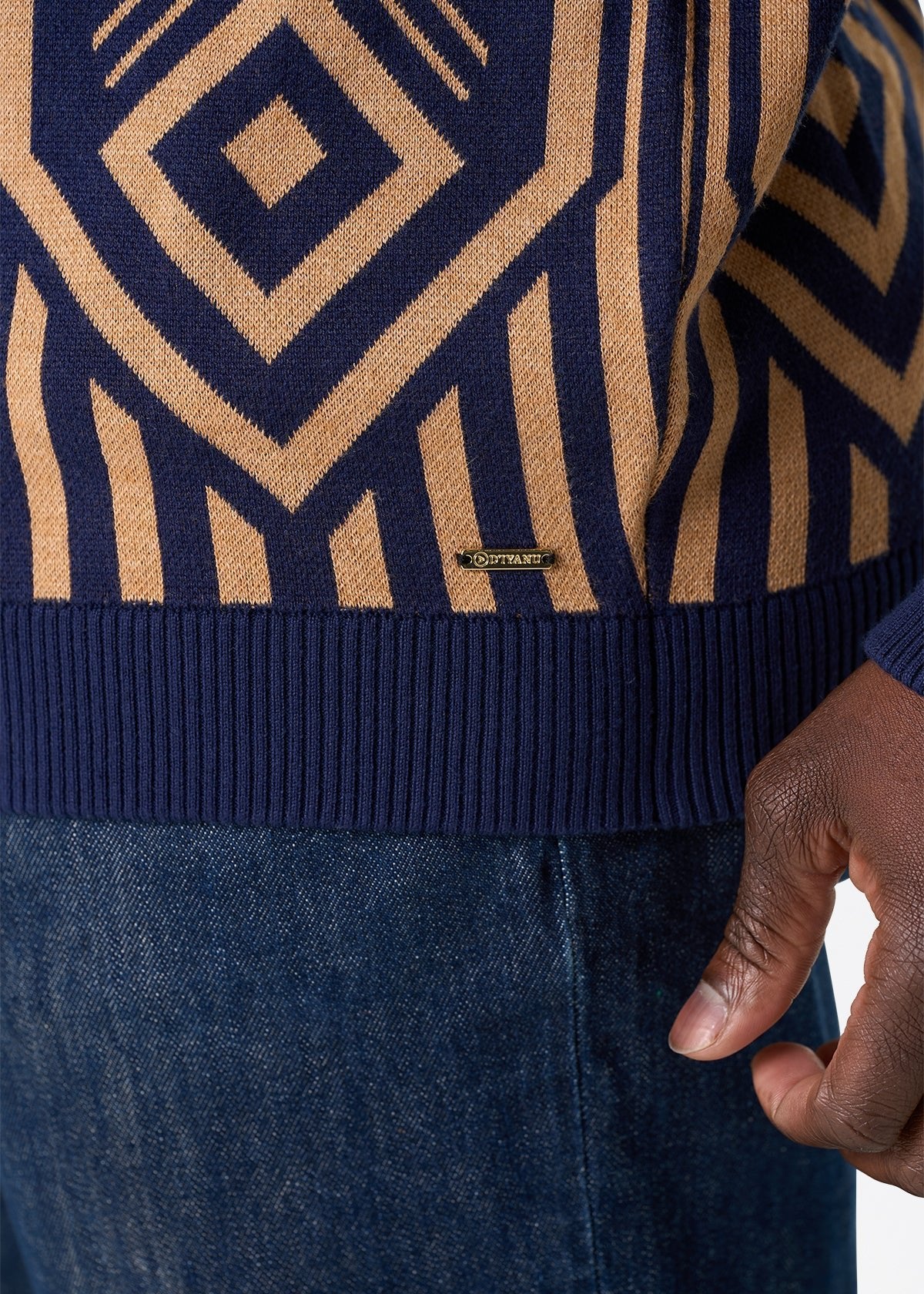 Kibo Men's African Print Quarter-Zip Sweater (Navy Tan Tribal) - Image 6