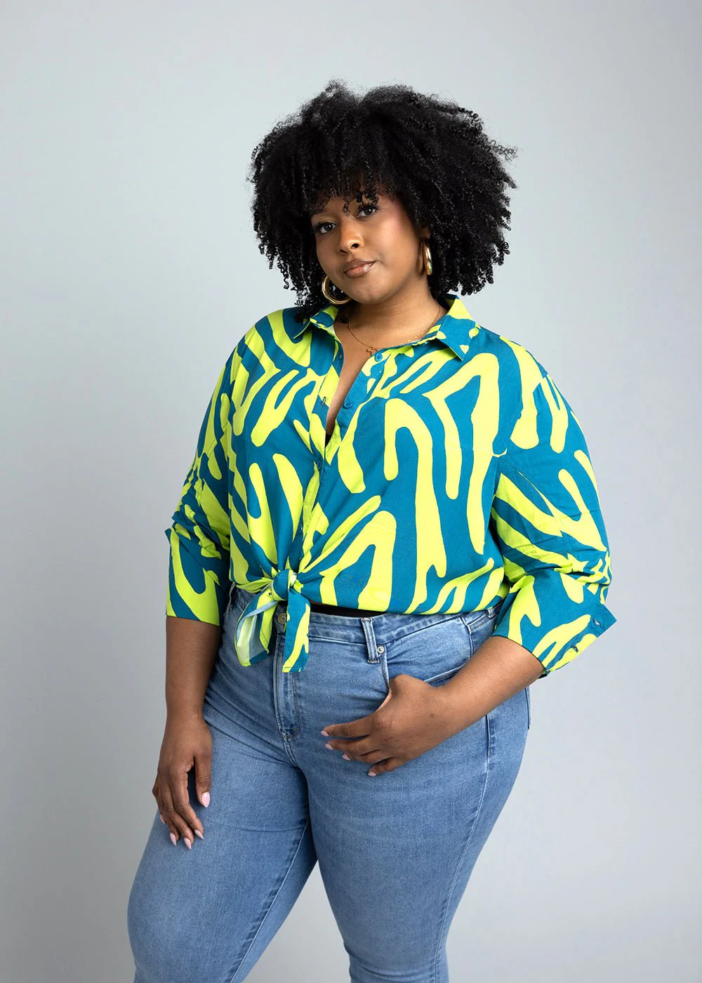 Kwamena Women's African Print Button-Up Shirt (Lime Zebra Abstract) - Image 3