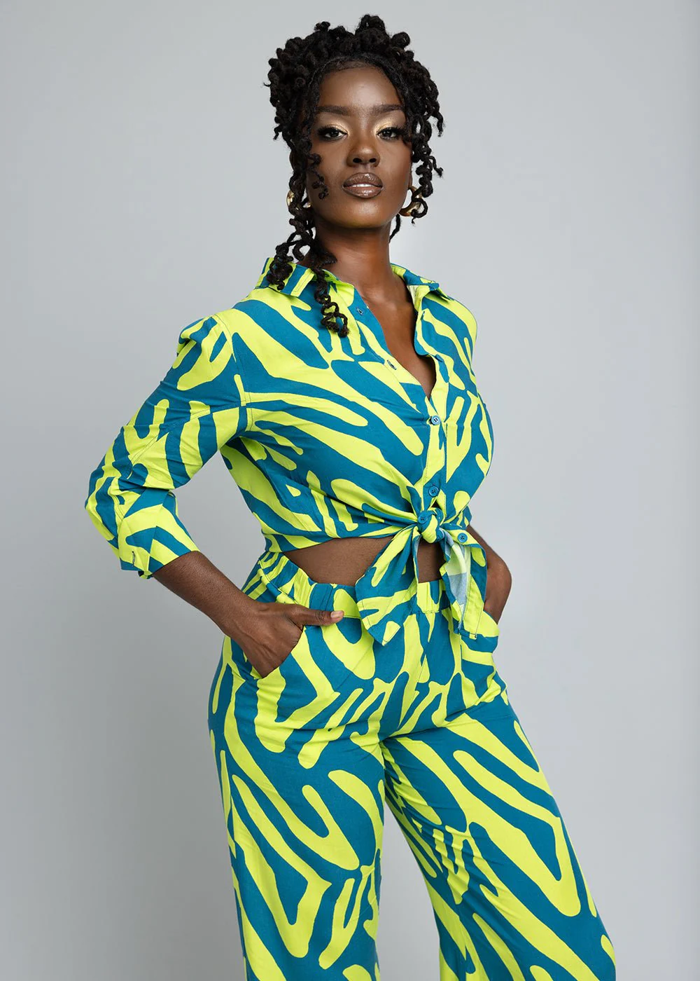 Kwamena Women's African Print Button-Up Shirt (Lime Zebra Abstract) - Image 4