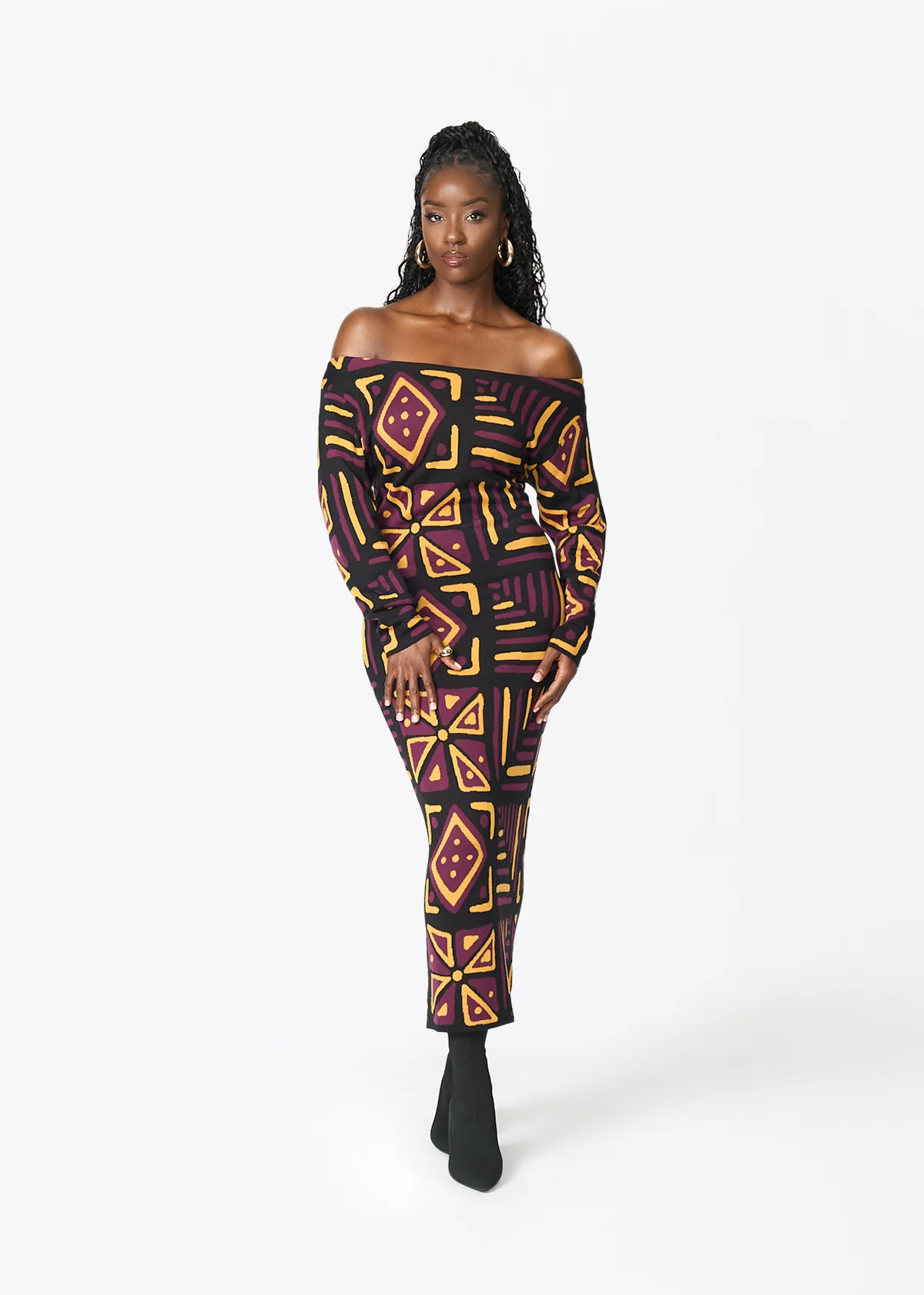 Ladi Women's African Print Sweater Dress (Plum Black Tribal)