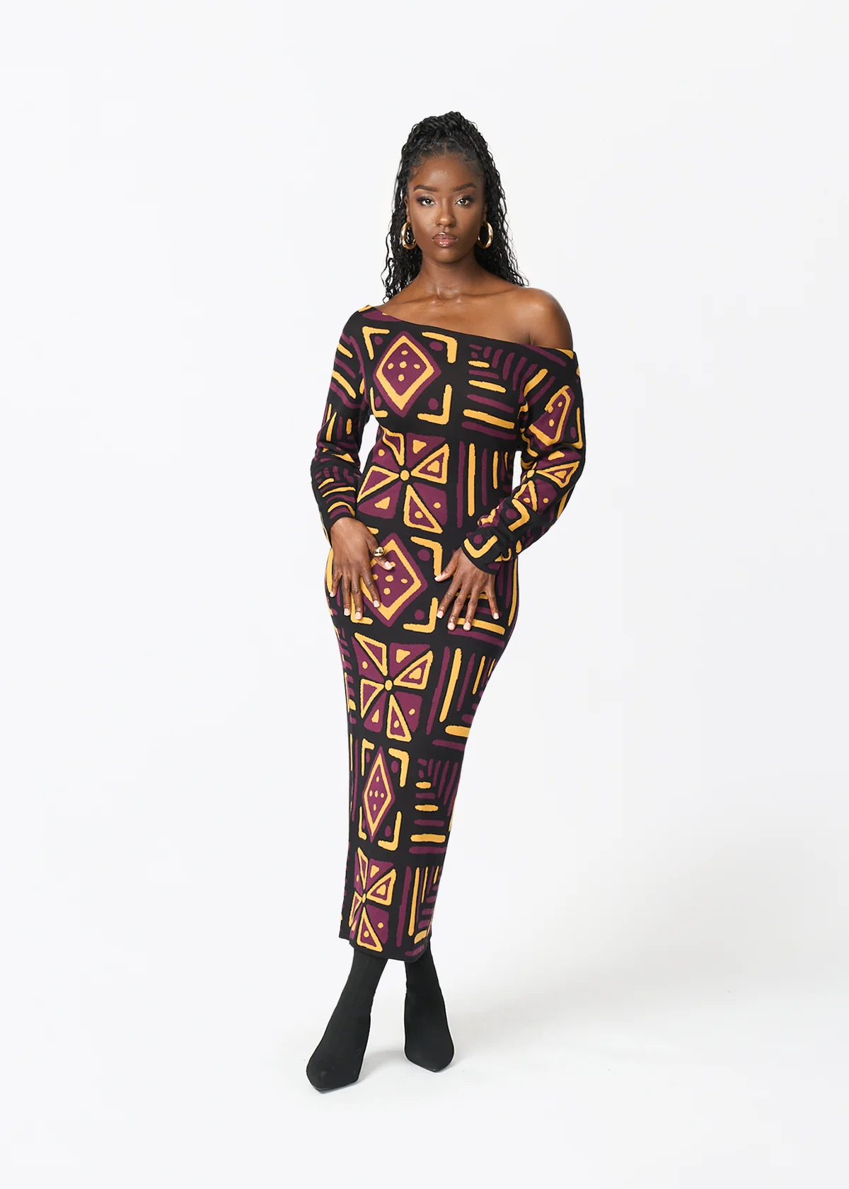 Ladi Women's African Print Sweater Dress (Plum Black Tribal) - Image 2