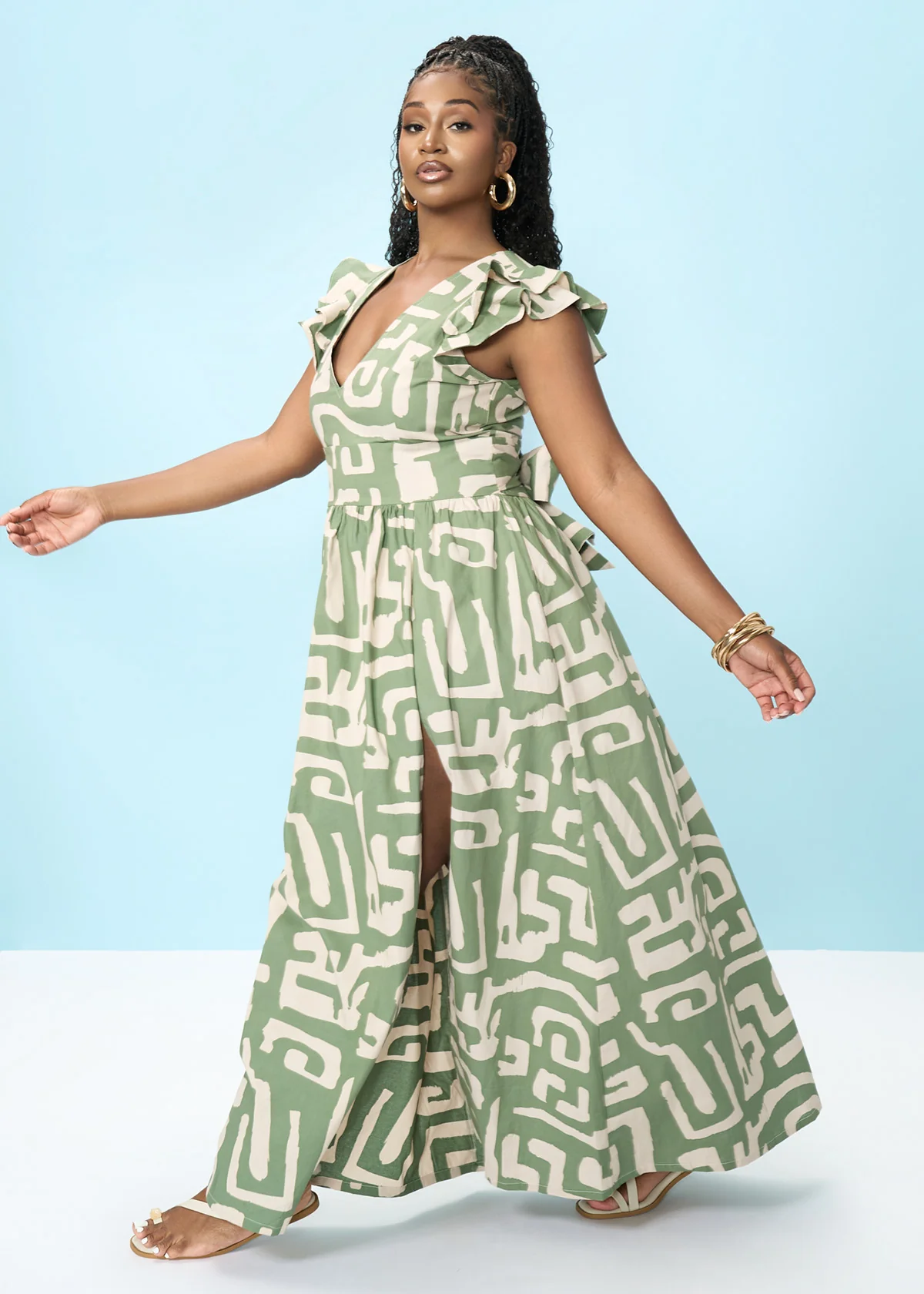 Lelisa Women's African Print Maxi Dress (Olive Geometric) - Image 2