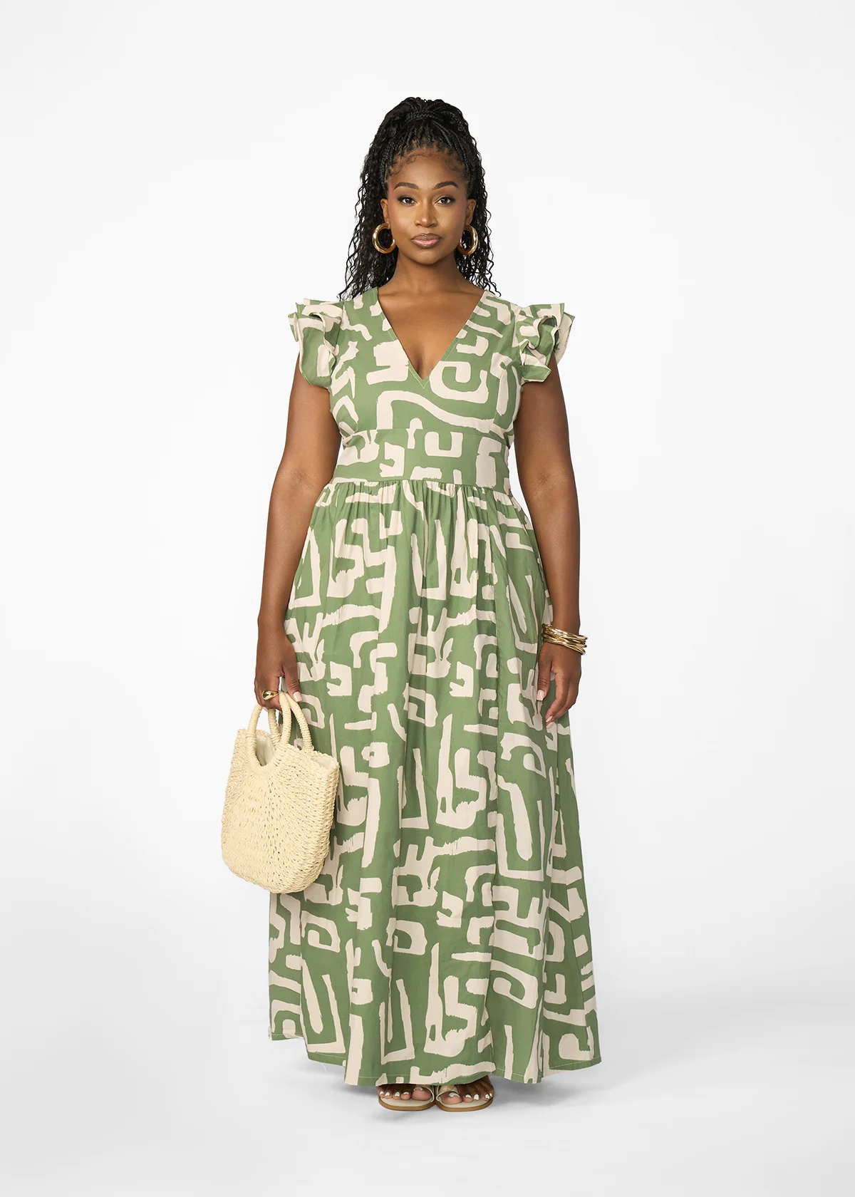 Lelisa Women's African Print Maxi Dress (Olive Geometric) - Image 3