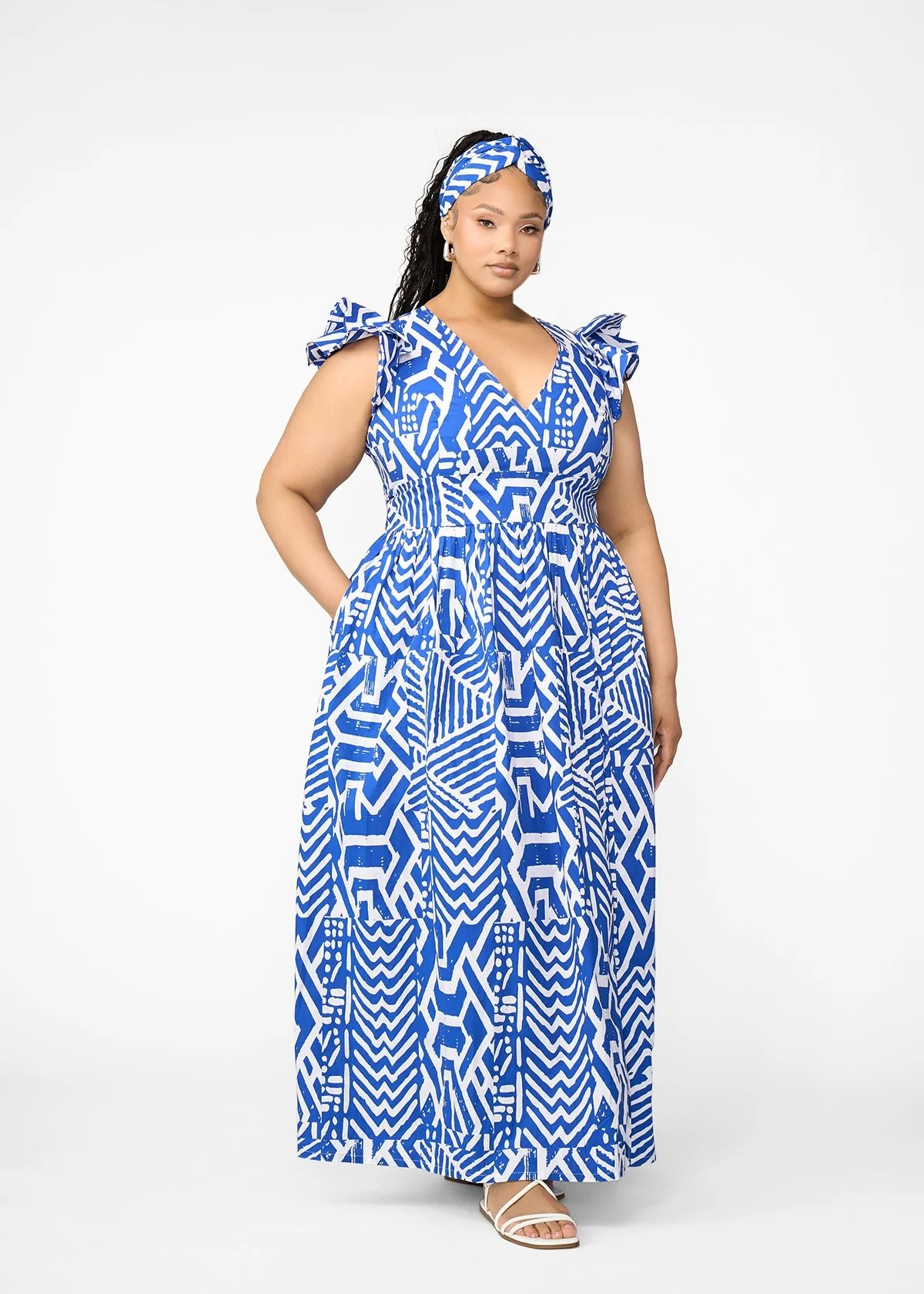Lelisa Women's African Print Maxi Dress (White Cobalt Tribal) - Image 6