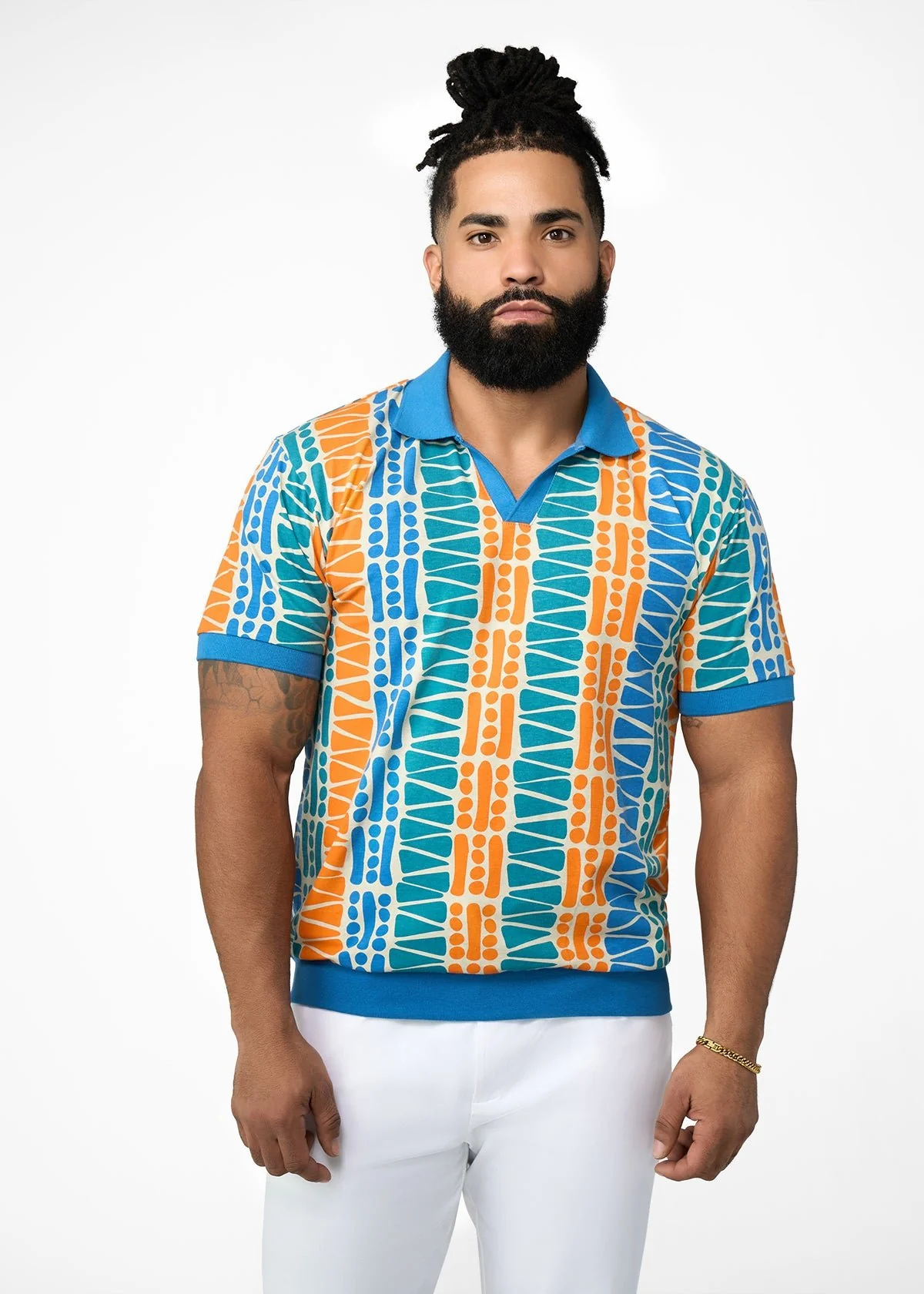 Lesego Men's African Print Polo Cotton Blend Shirt (Khaki Tribal Motifs) - Clearance