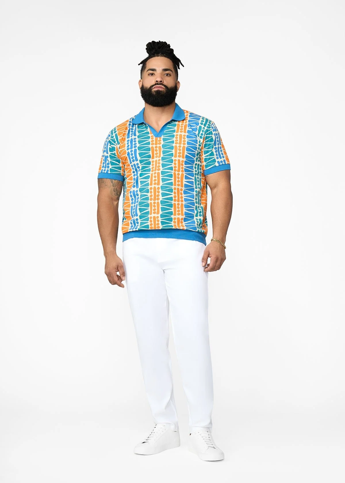 Lesego Men's African Print Polo Cotton Blend Shirt (Khaki Tribal Motifs) - Clearance - Image 2