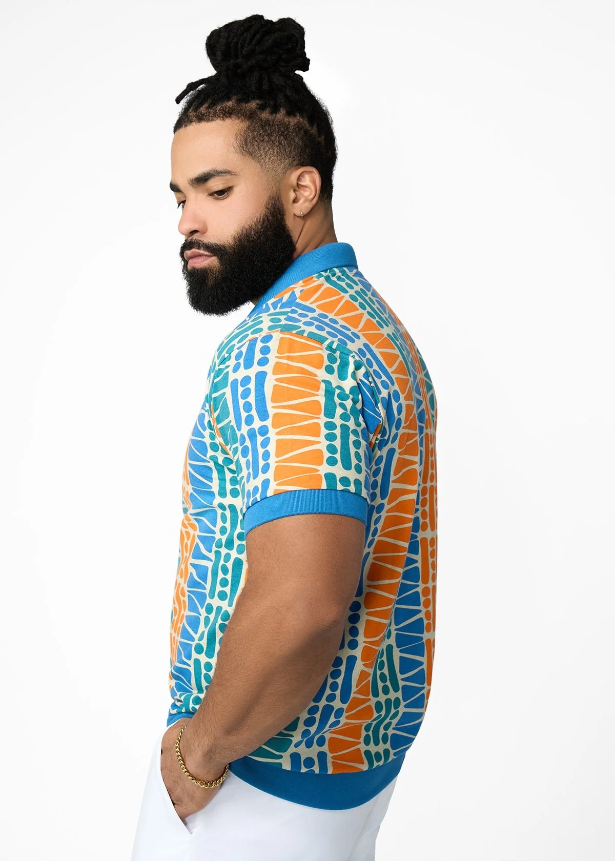 Lesego Men's African Print Polo Cotton Blend Shirt (Khaki Tribal Motifs) - Clearance - Image 3