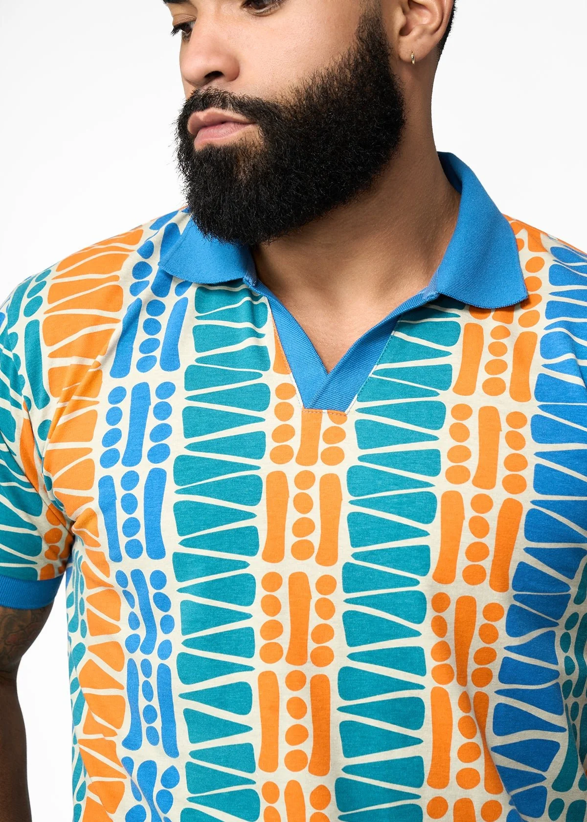 Lesego Men's African Print Polo Cotton Blend Shirt (Khaki Tribal Motifs) - Clearance - Image 4