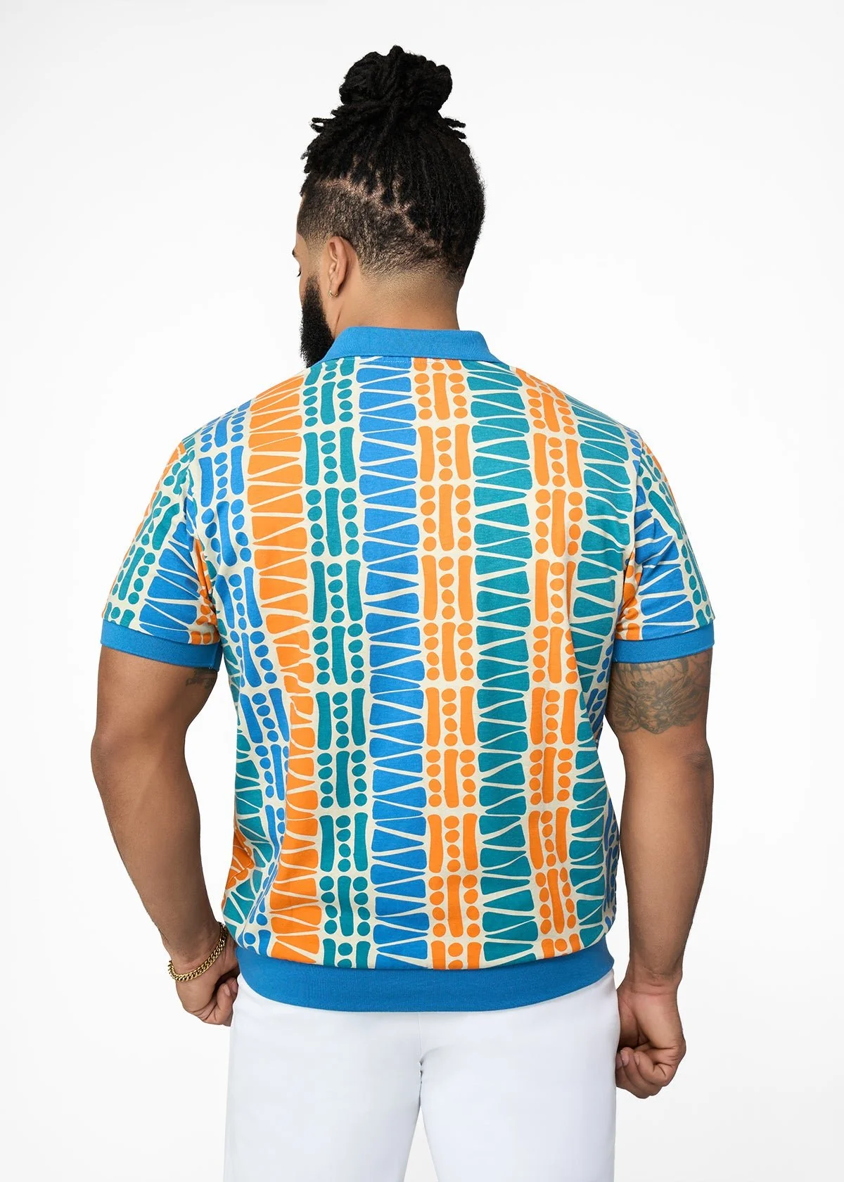 Lesego Men's African Print Polo Cotton Blend Shirt (Khaki Tribal Motifs) - Clearance - Image 5