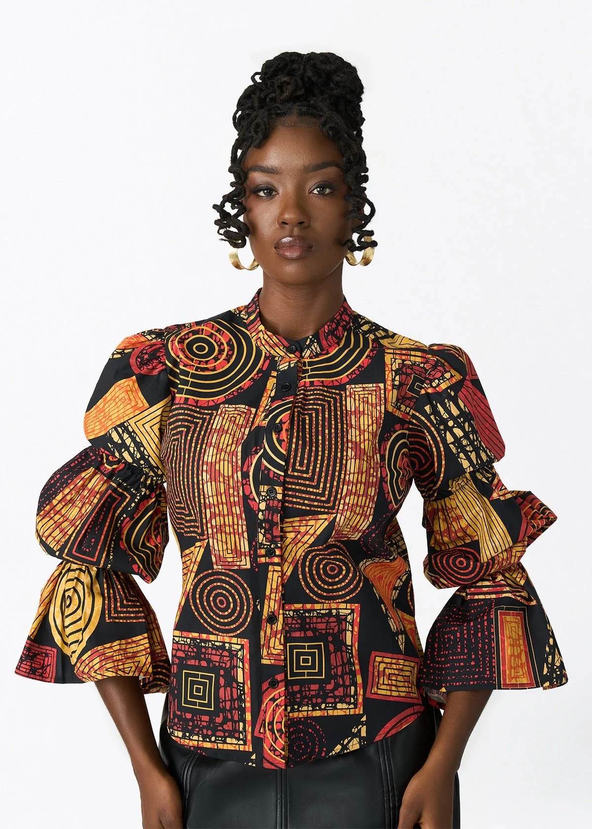 Manyara Women's African Print Peplum Blouse (Black Cinnamon Geometric)
