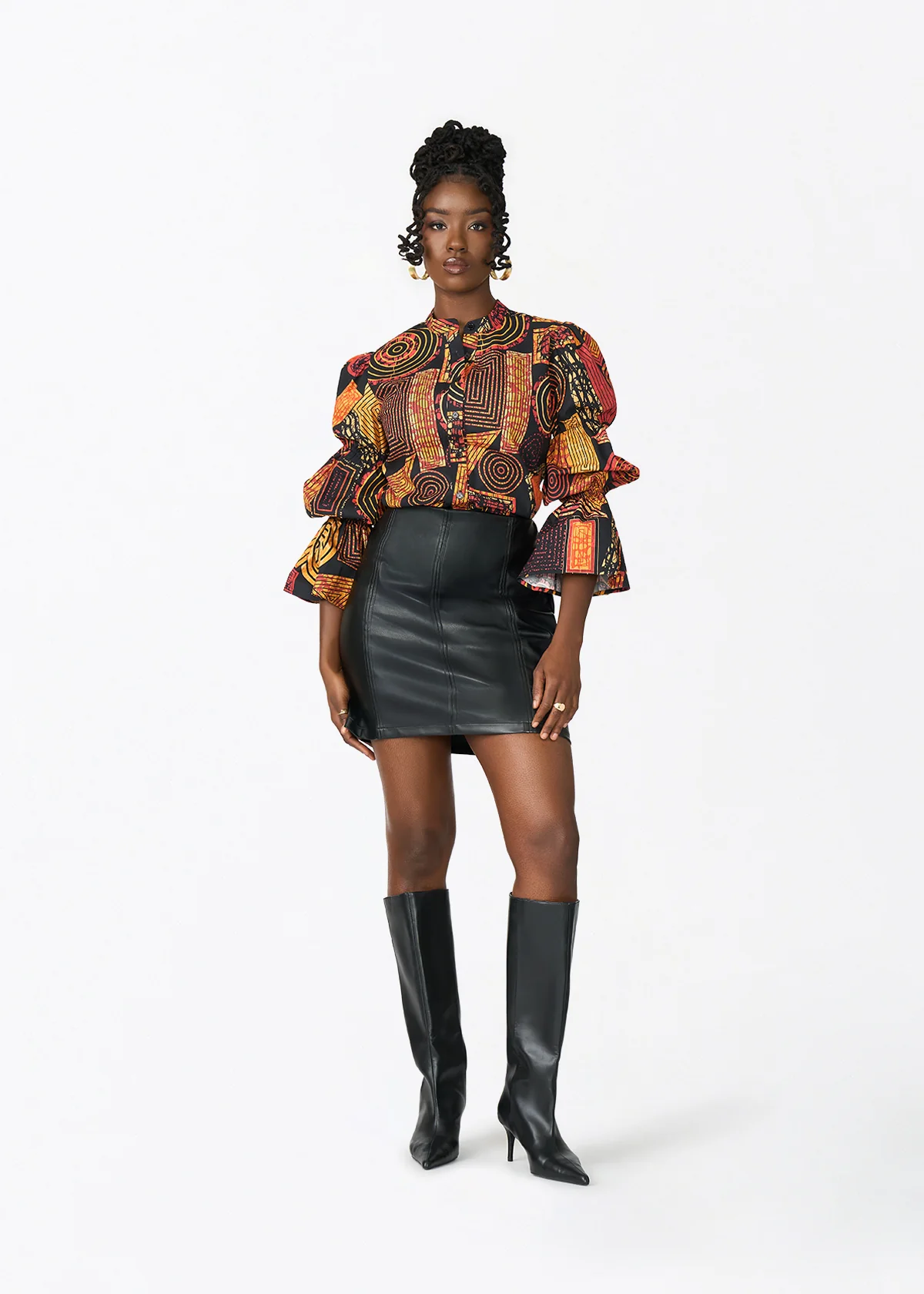 Manyara Women's African Print Peplum Blouse (Black Cinnamon Geometric) - Image 2