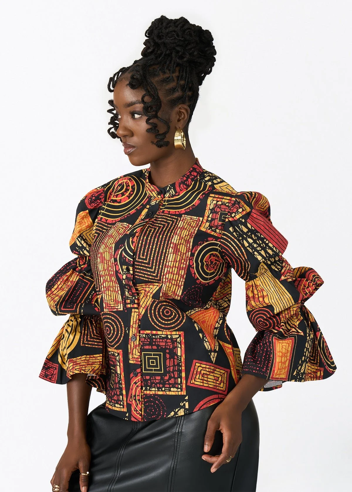 Manyara Women's African Print Peplum Blouse (Black Cinnamon Geometric) - Image 3