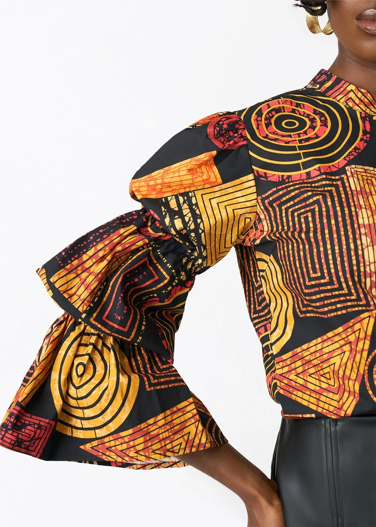 Manyara Women's African Print Peplum Blouse (Black Cinnamon Geometric) - Image 5
