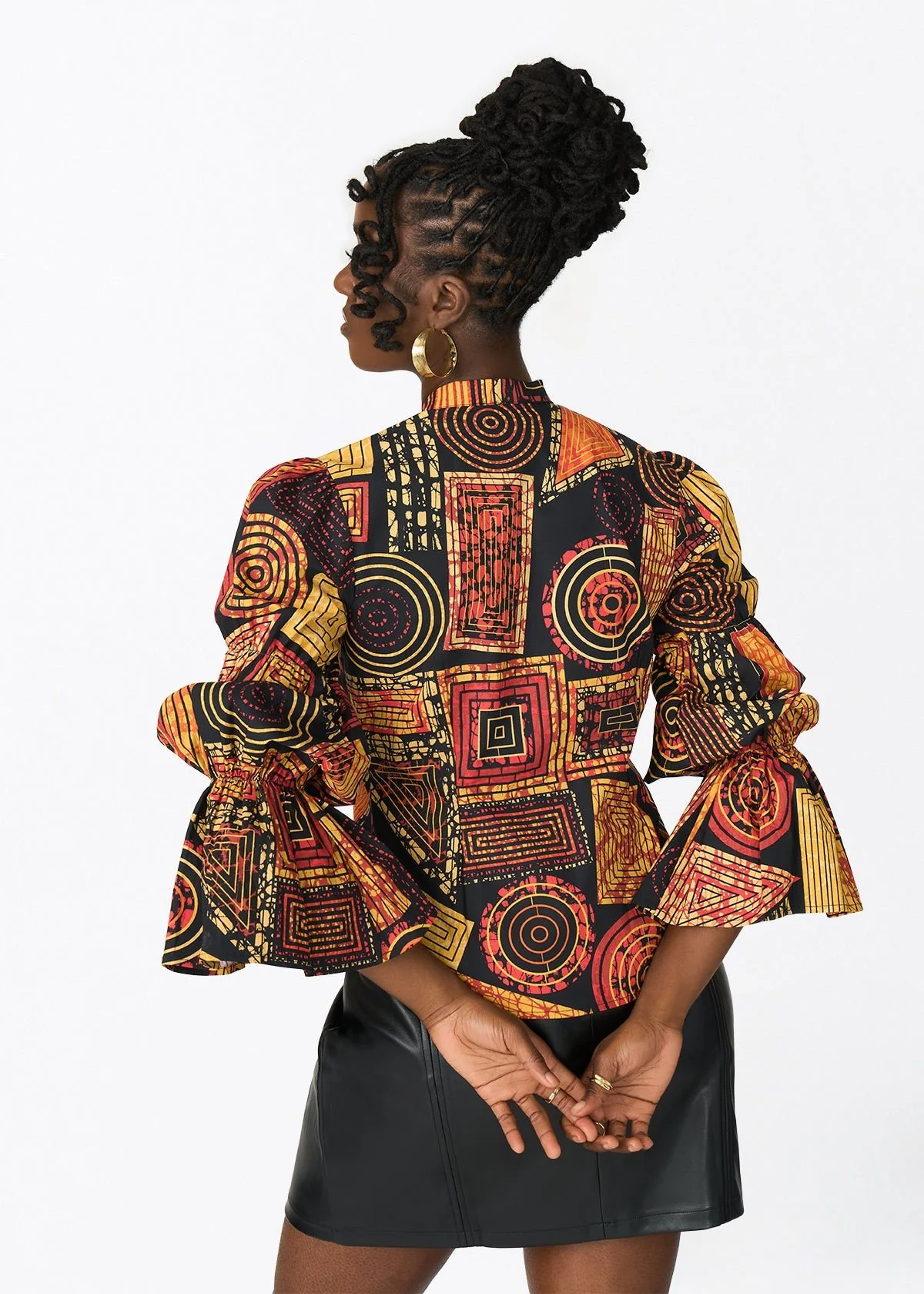 Manyara Women's African Print Peplum Blouse (Black Cinnamon Geometric) - Image 6