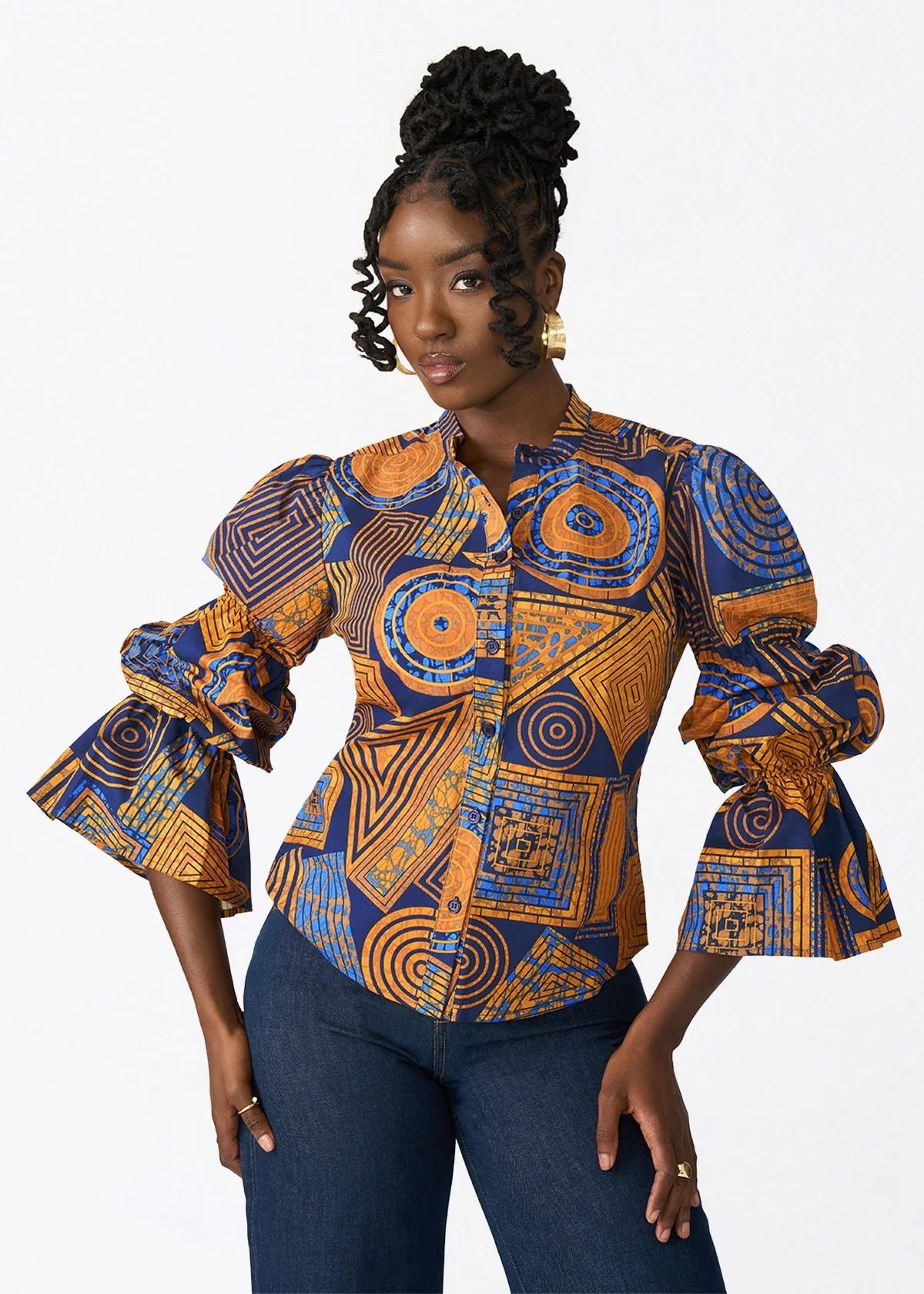 Manyara Women's African Print Peplum Blouse (Royal Blue Geometric)