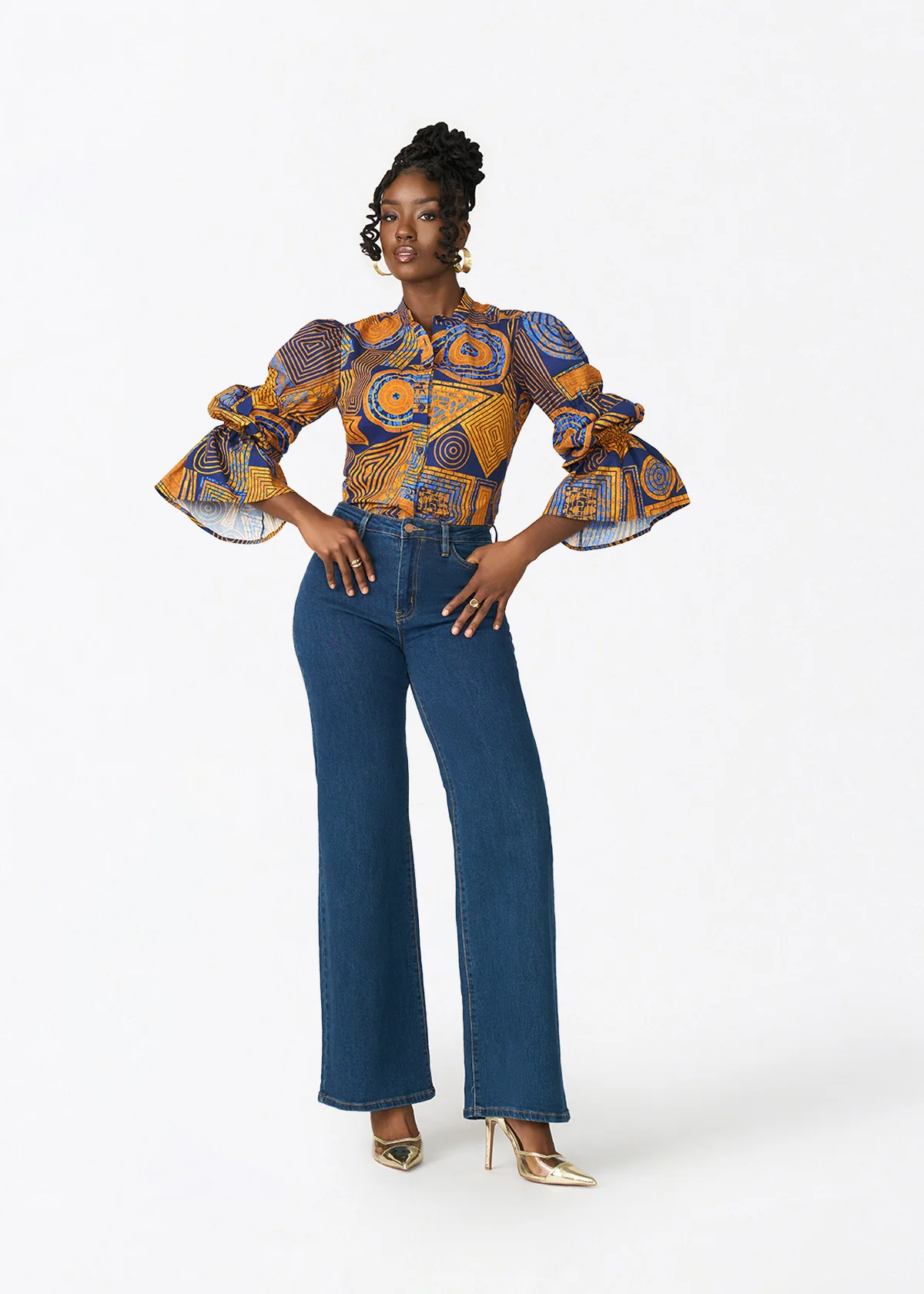 Manyara Women's African Print Peplum Blouse (Royal Blue Geometric) - Image 2