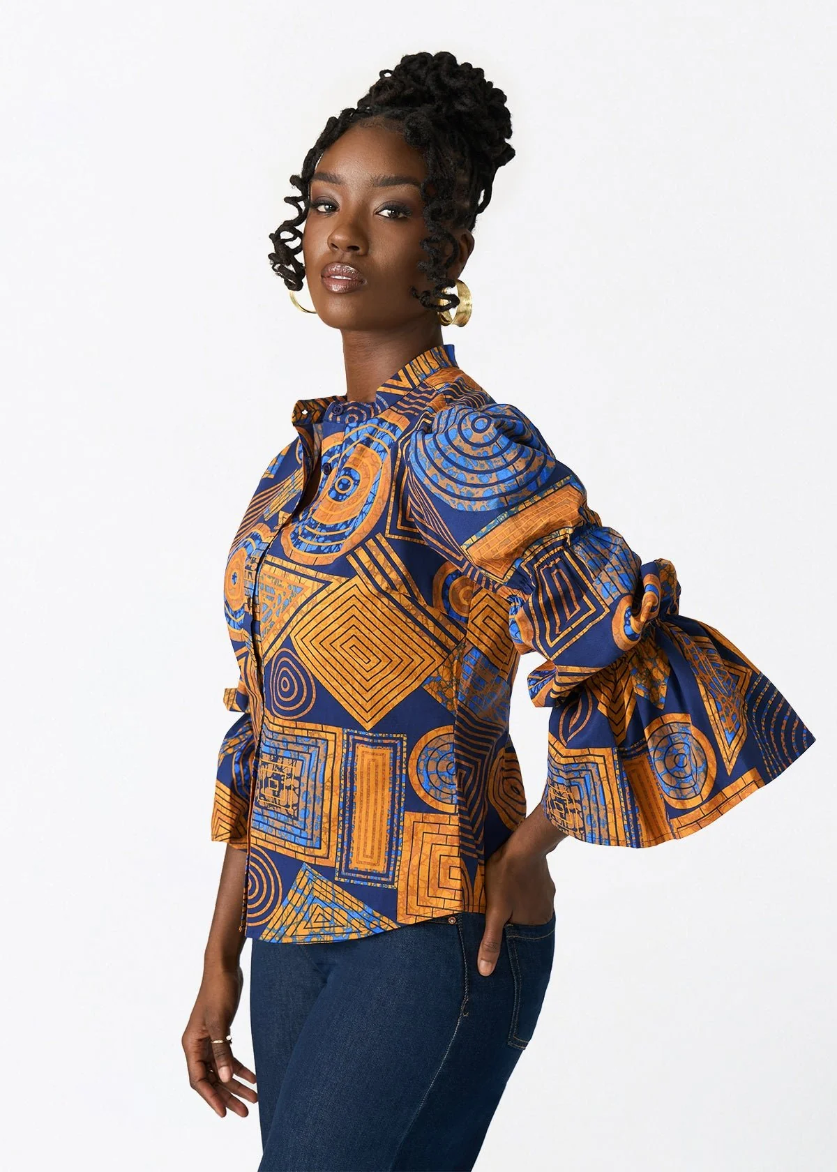 Manyara Women's African Print Peplum Blouse (Royal Blue Geometric) - Image 3